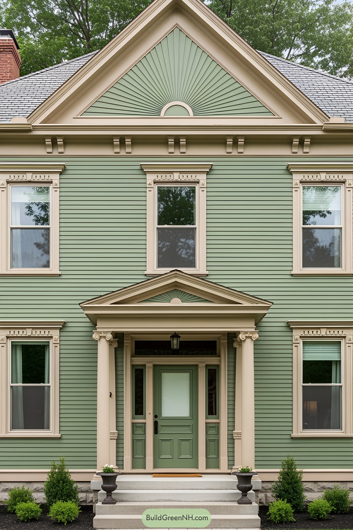 Green Victorian house with light trim and decorative porch columns