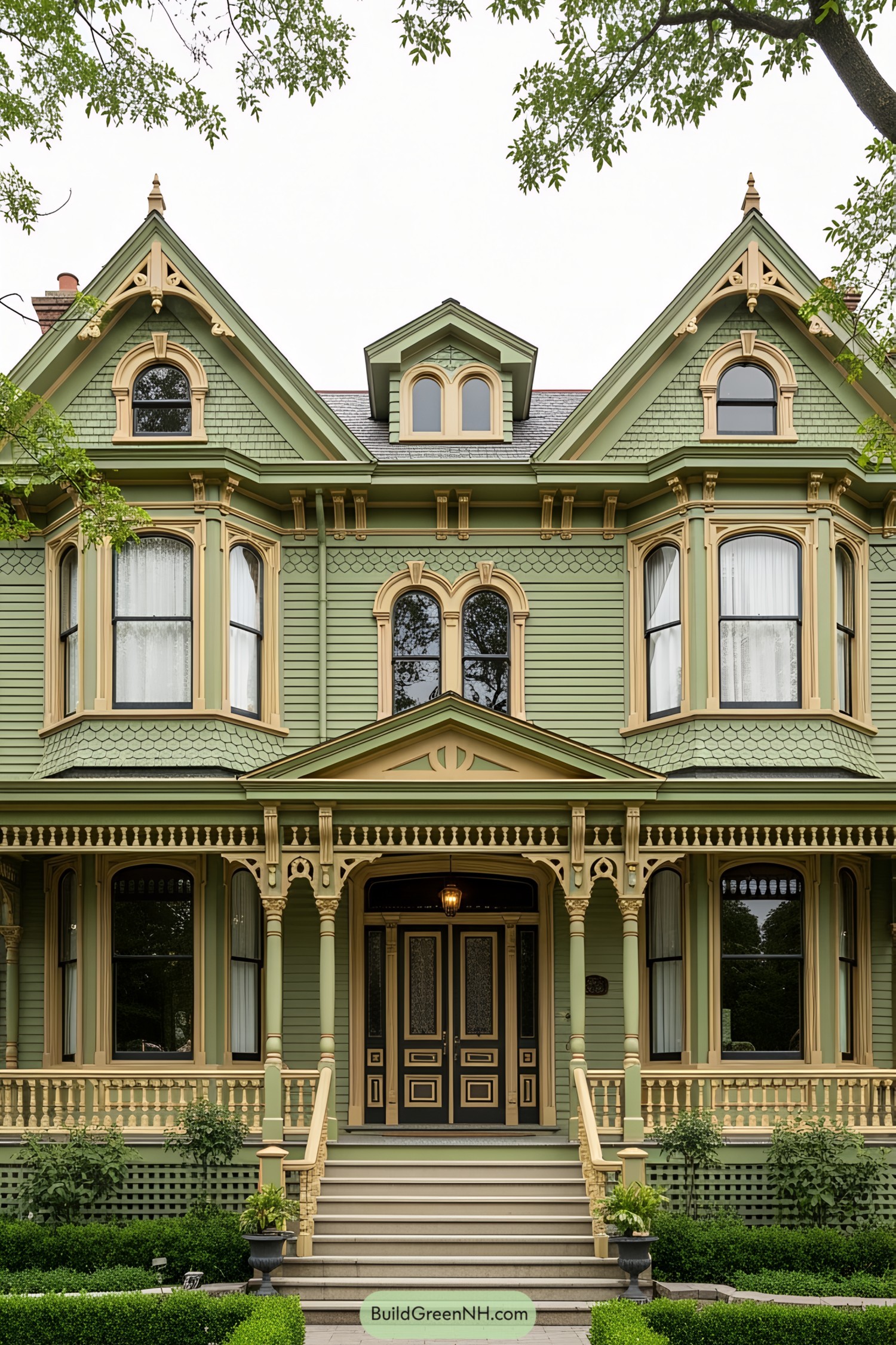 Green Victorian house with ornate details