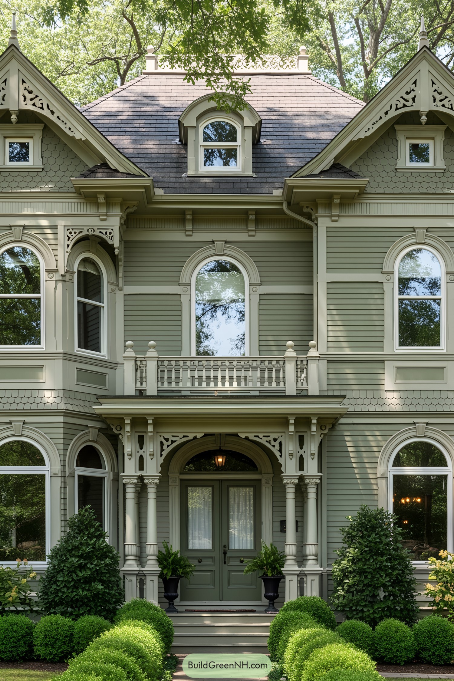 Green Victorian house with ornate details and lush garden