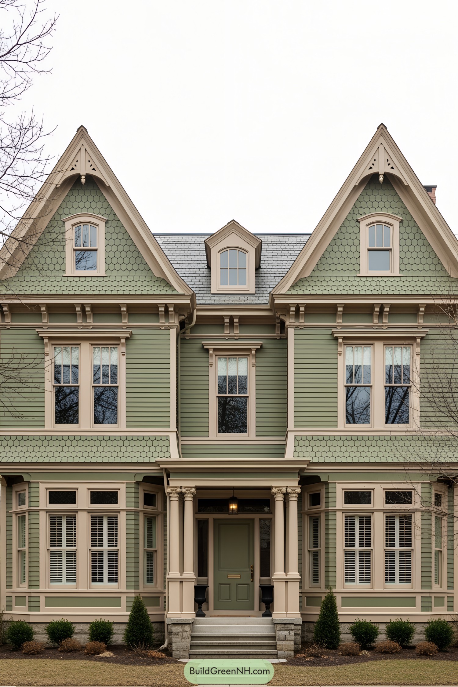 Green Victorian house with ornate details and tall windows