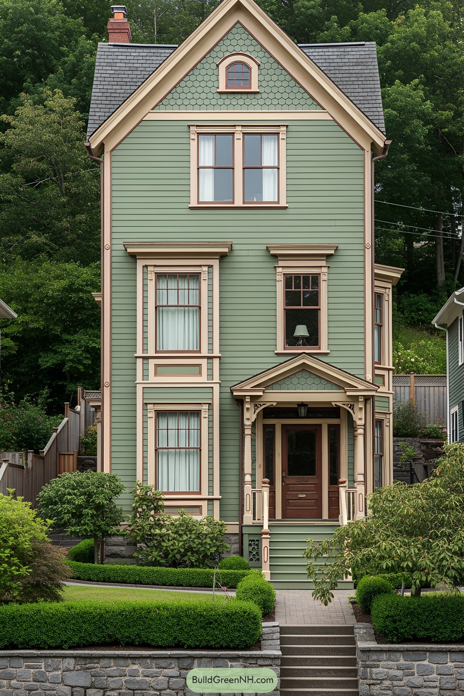 Green Victorian house with detailed trim and lush landscaping