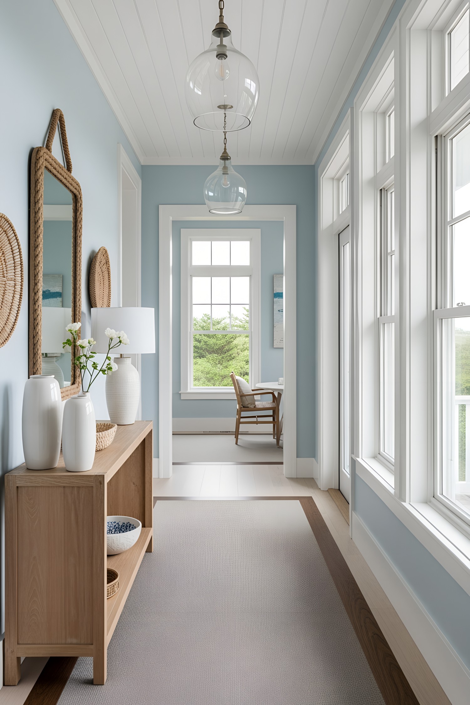 Bright hallway in a beach house with large windows and a wooden console table