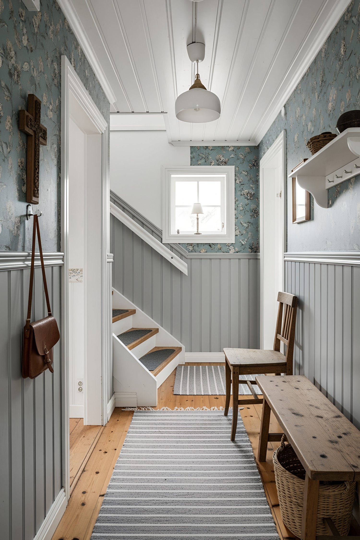 Cozy Swedish hallway with floral wallpaper and wooden accents