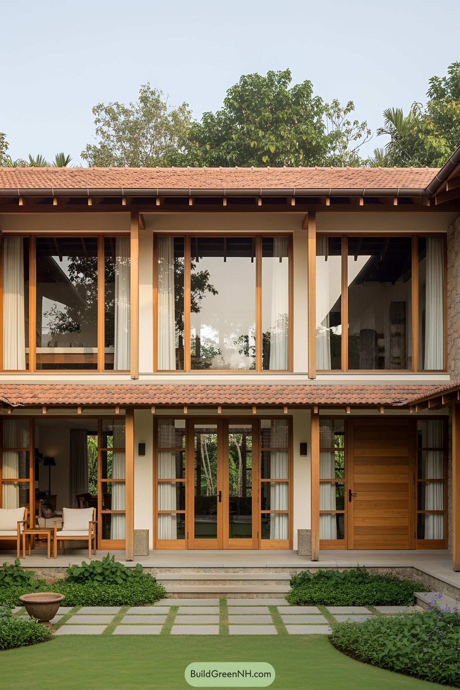 Modern courtyard house with wooden elements and lush greenery