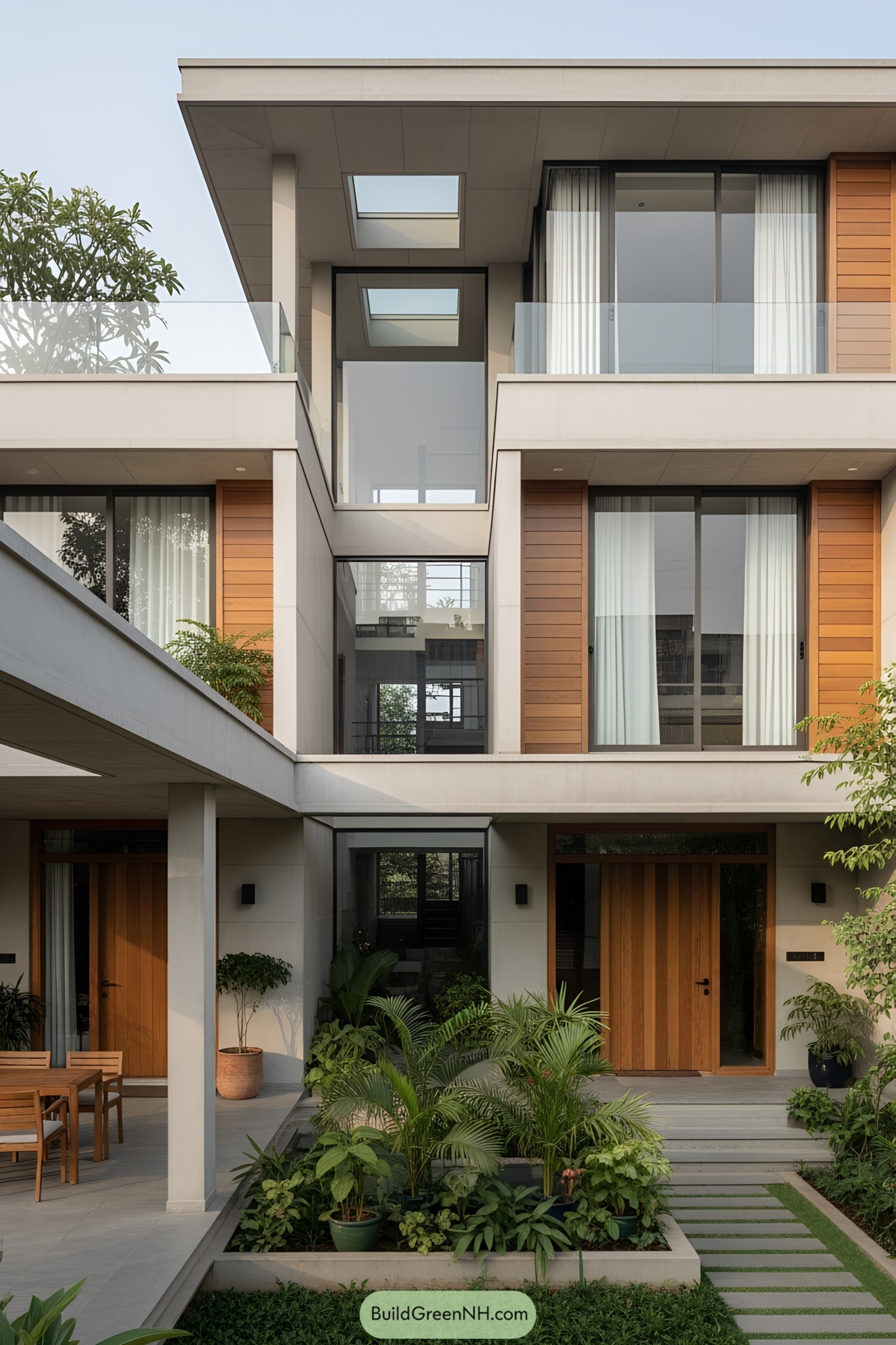 Modern courtyard with green plants and open-air design