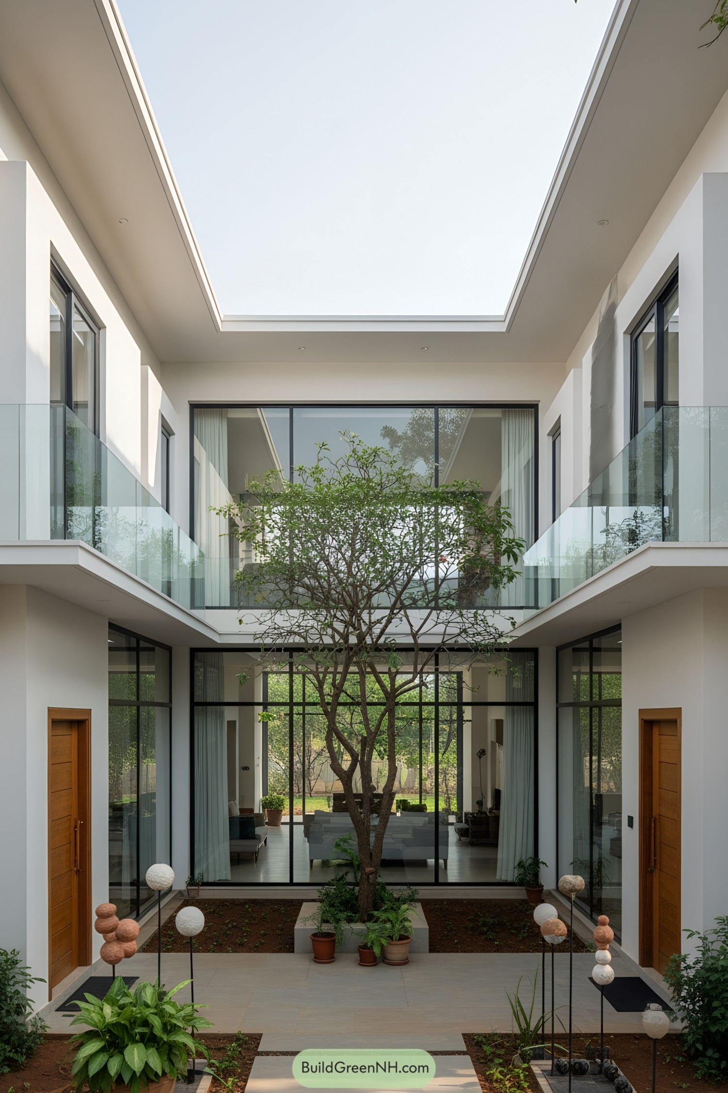 Modern courtyard house with glass railings and central tree