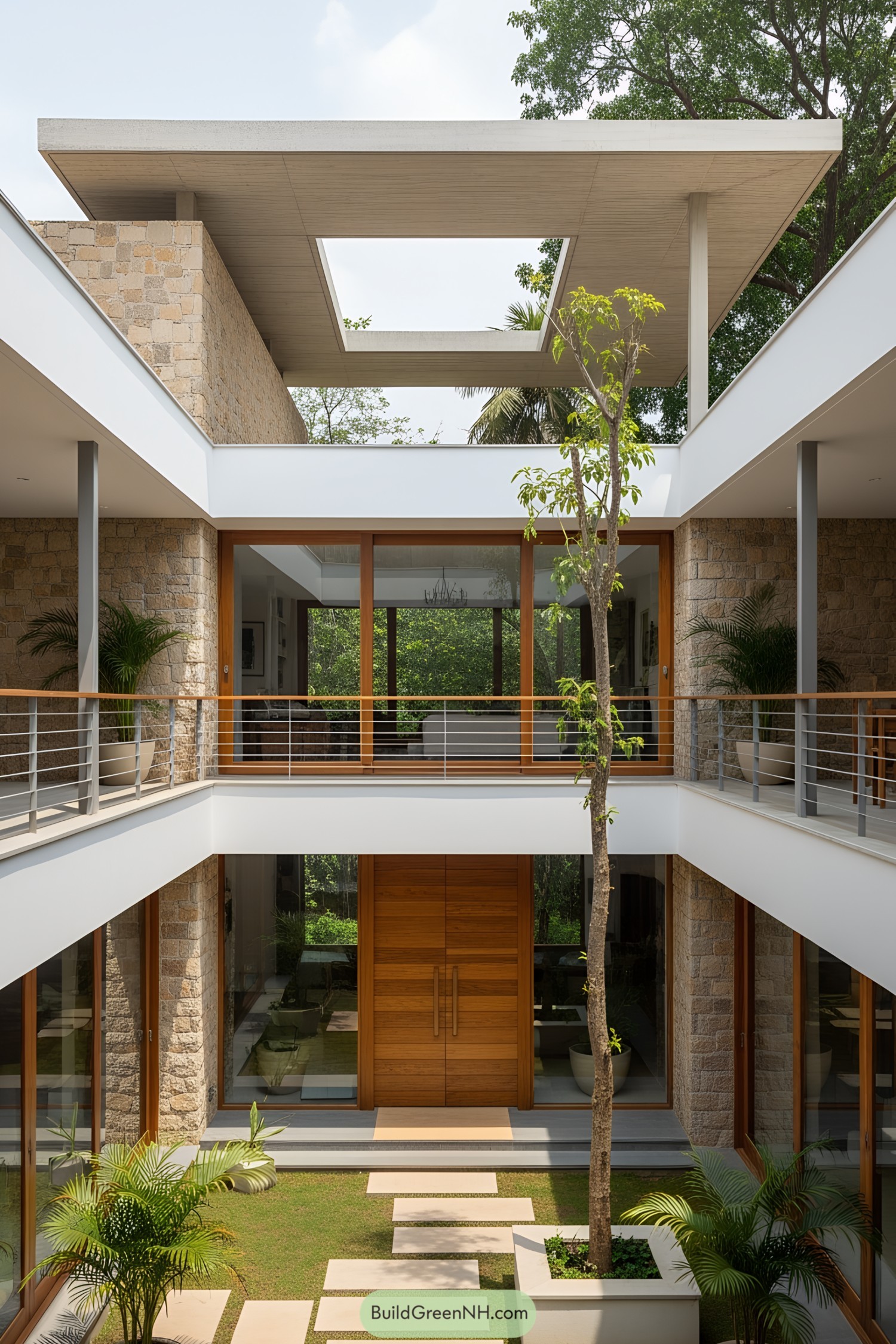 Modern courtyard with open roof design and lush greenery