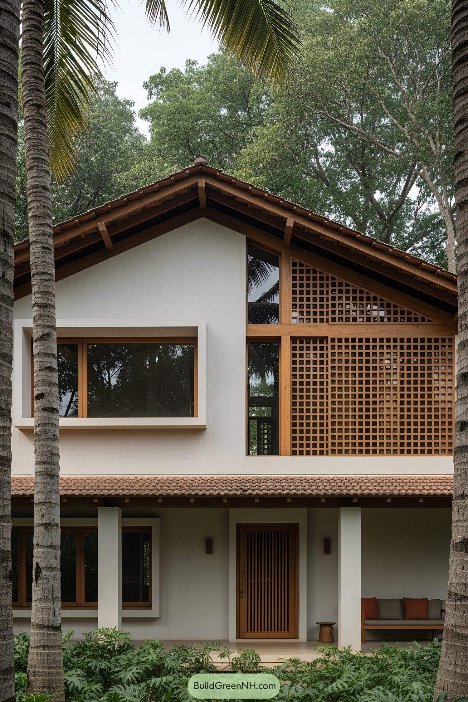 A serene courtyard house surrounded by lush greenery