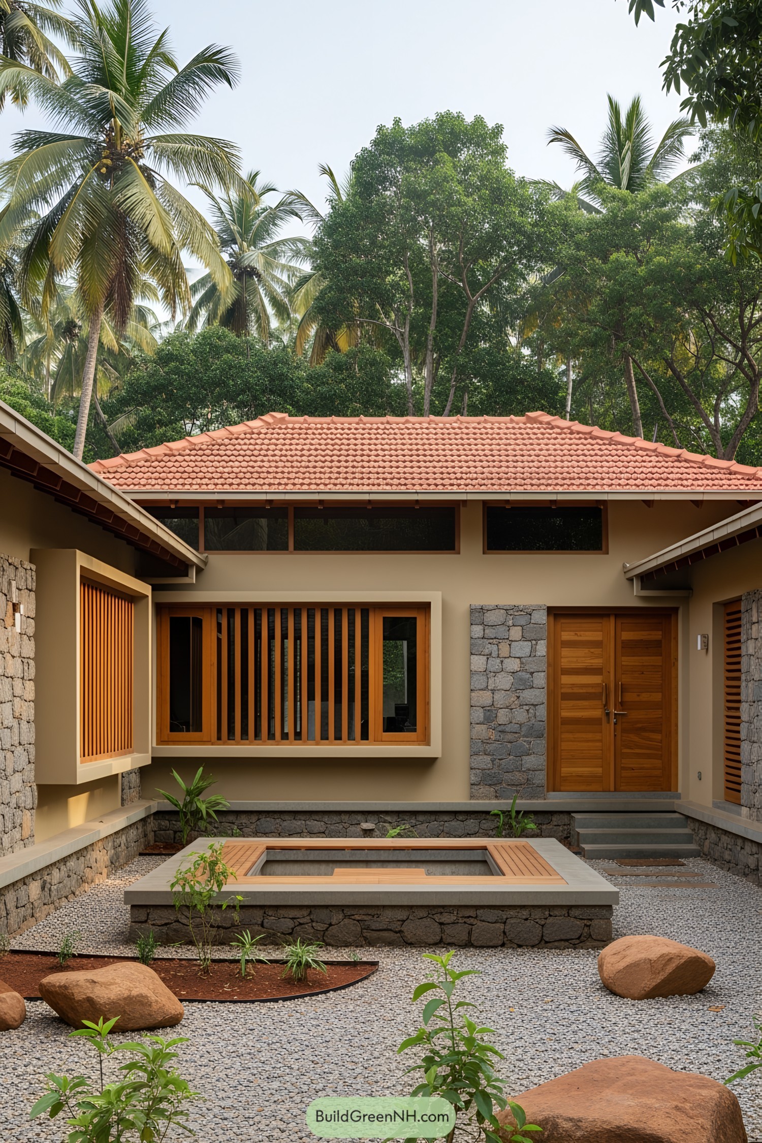 Elegant courtyard with terracotta roof and lush greenery