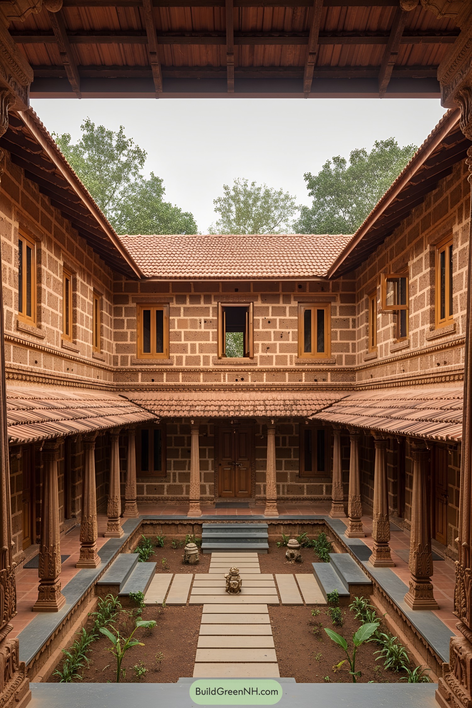 Traditional Indian courtyard with intricate woodwork and open sky