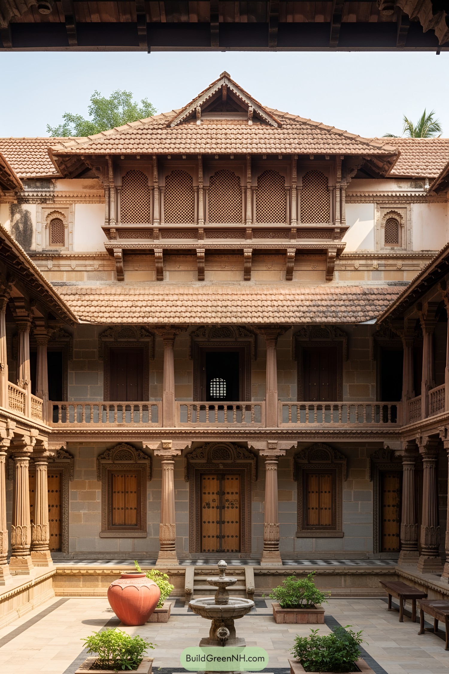 A traditional Indian courtyard with intricate woodwork