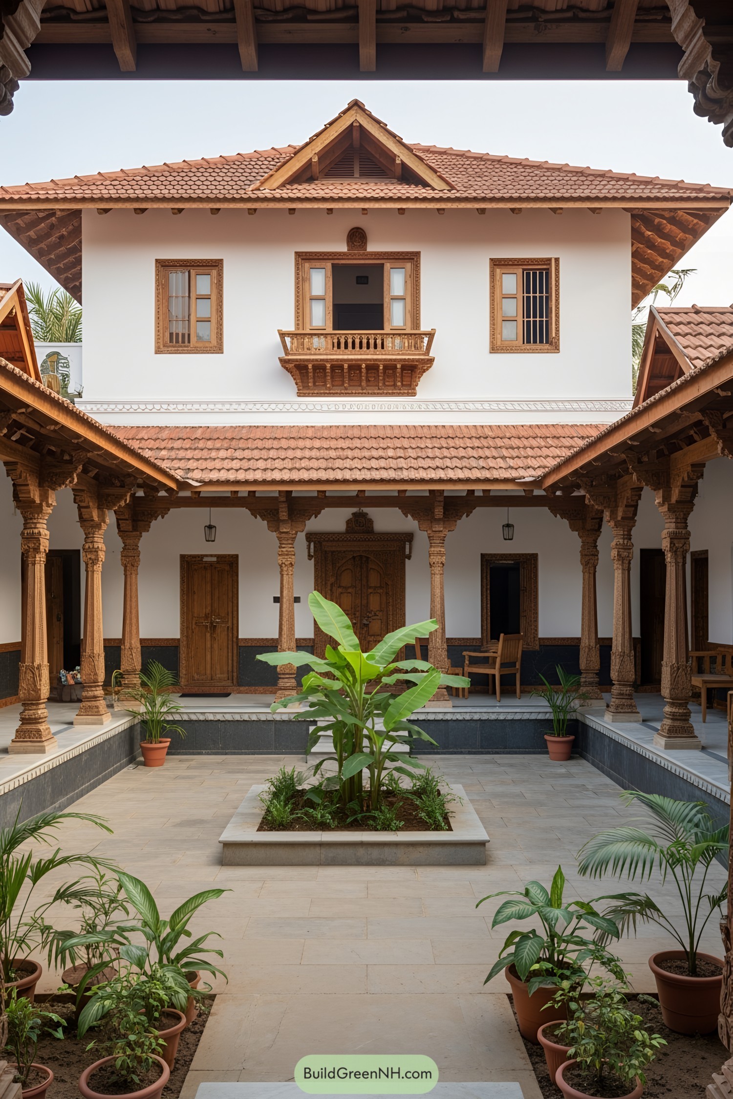Traditional Indian courtyard with plants and wooden pillars