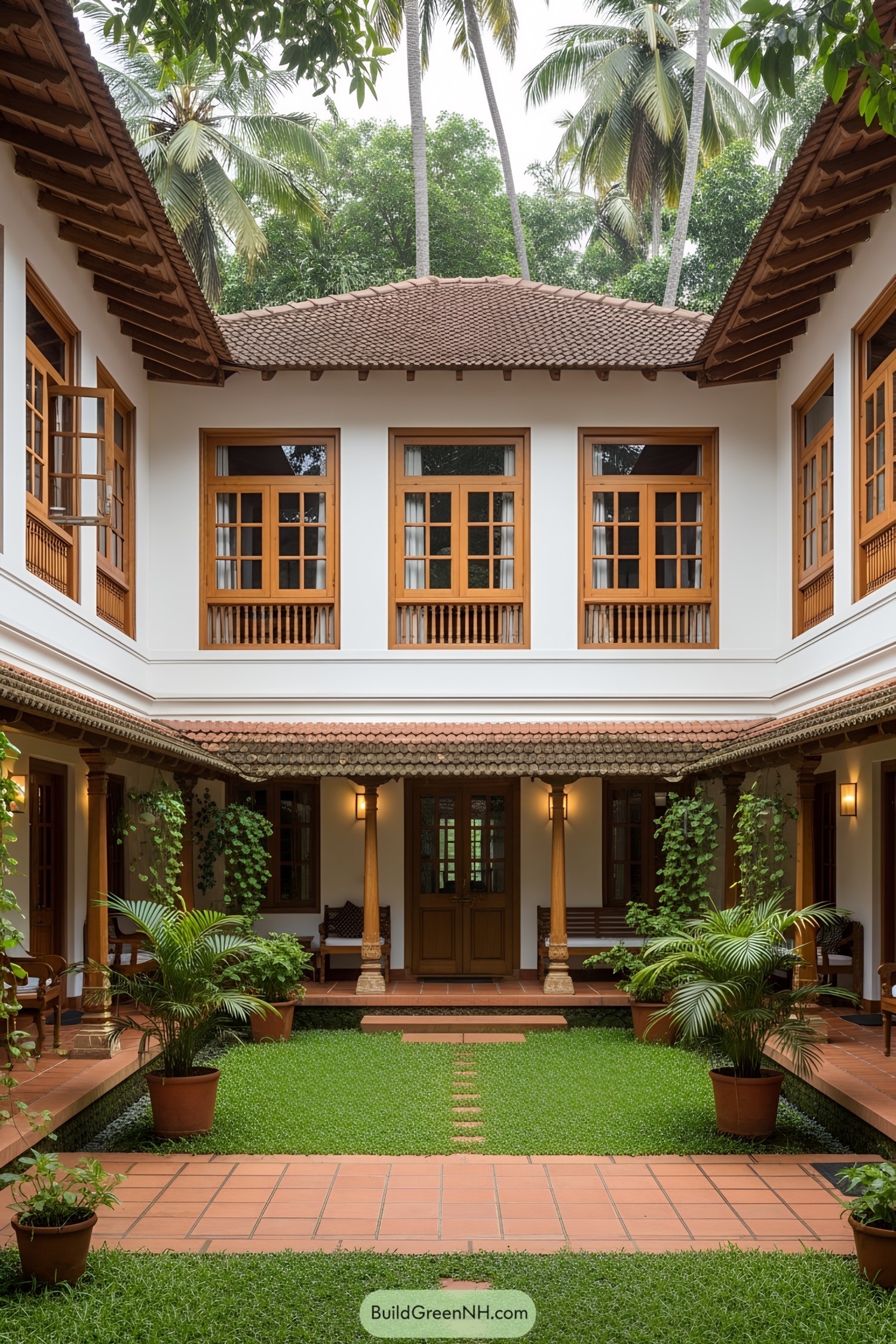 Spacious courtyard with terracotta tiles and lush greenery