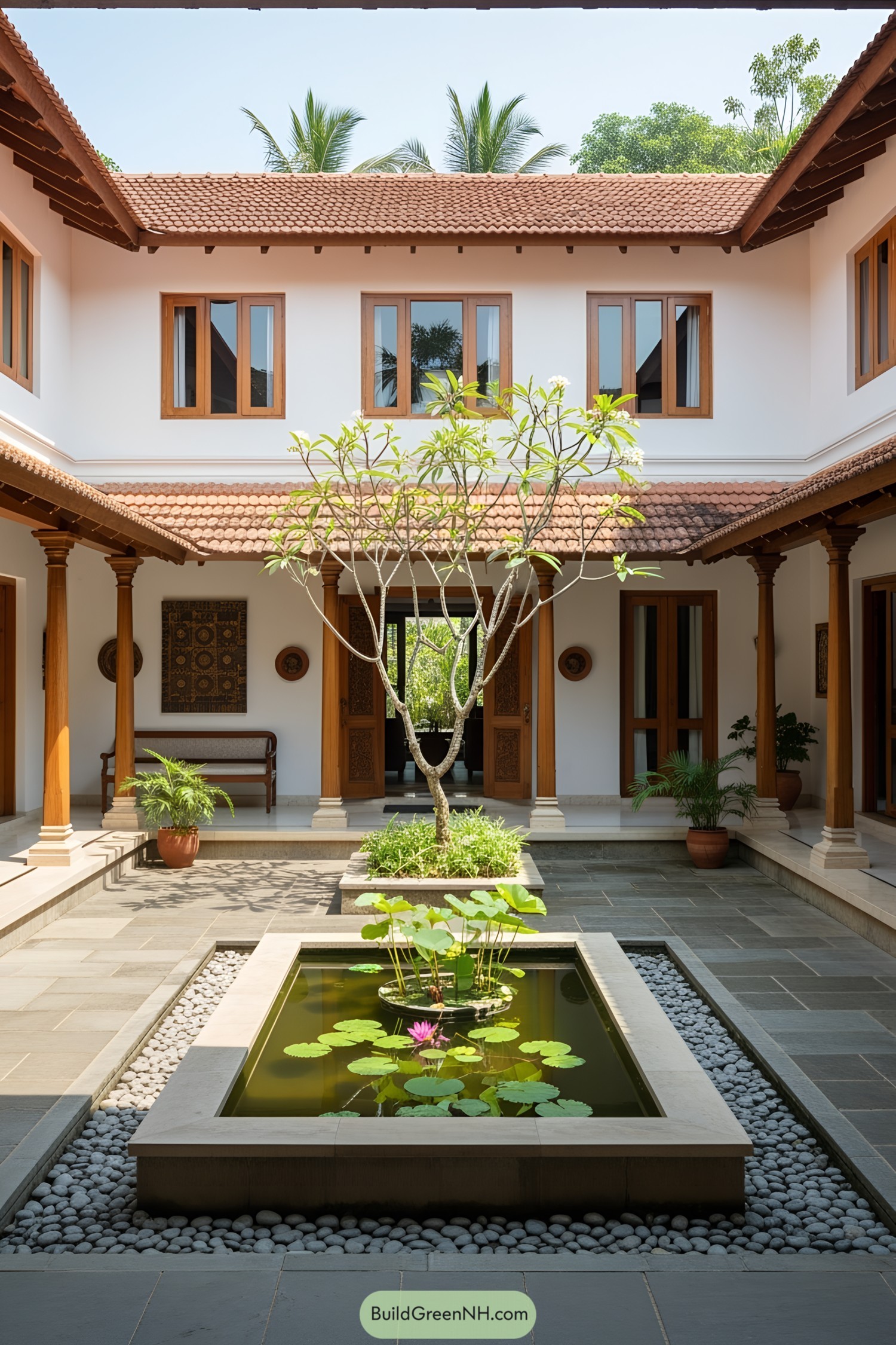 Peaceful courtyard with lush foliage and water feature