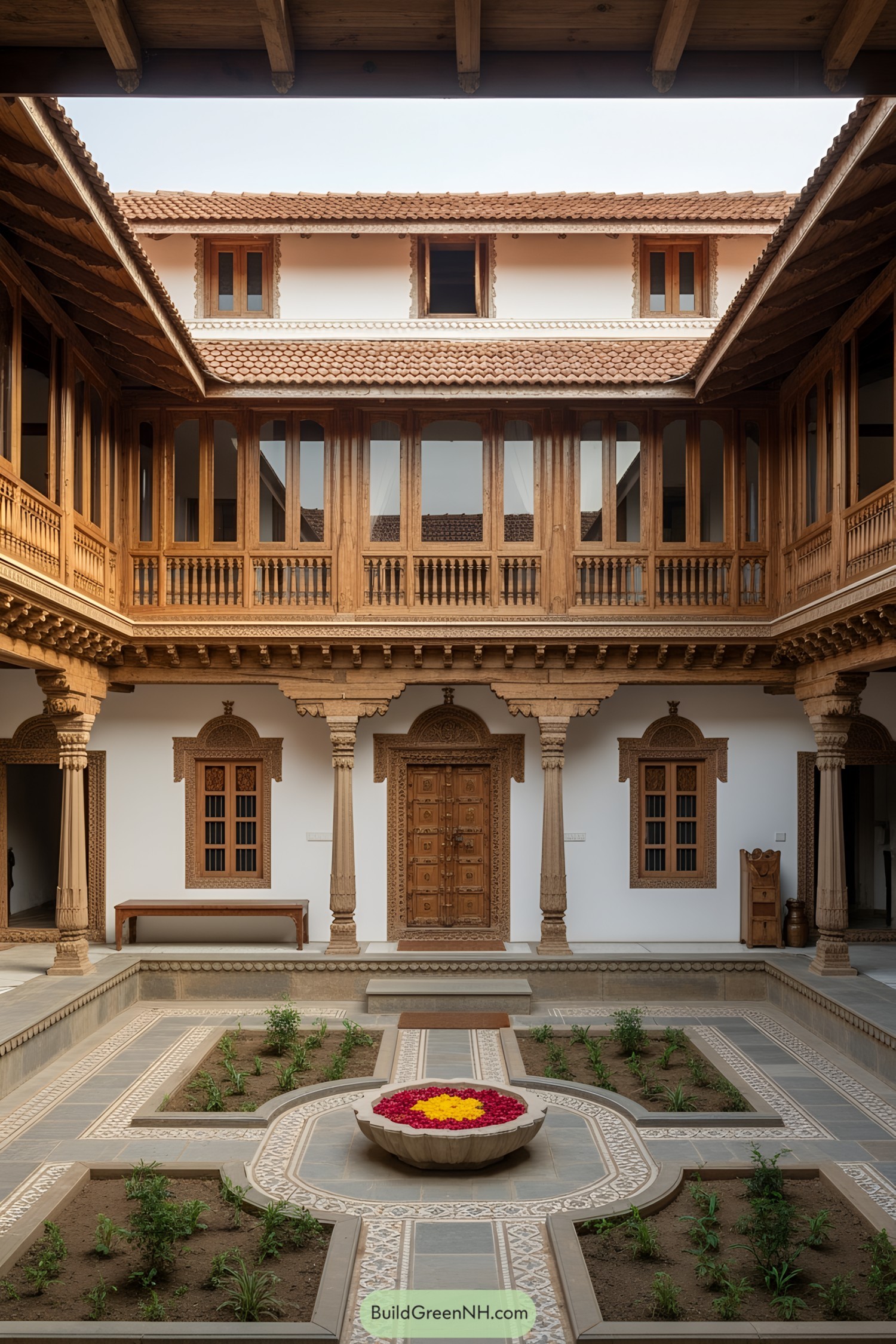 Wooden columns and windows surround an Indian courtyard