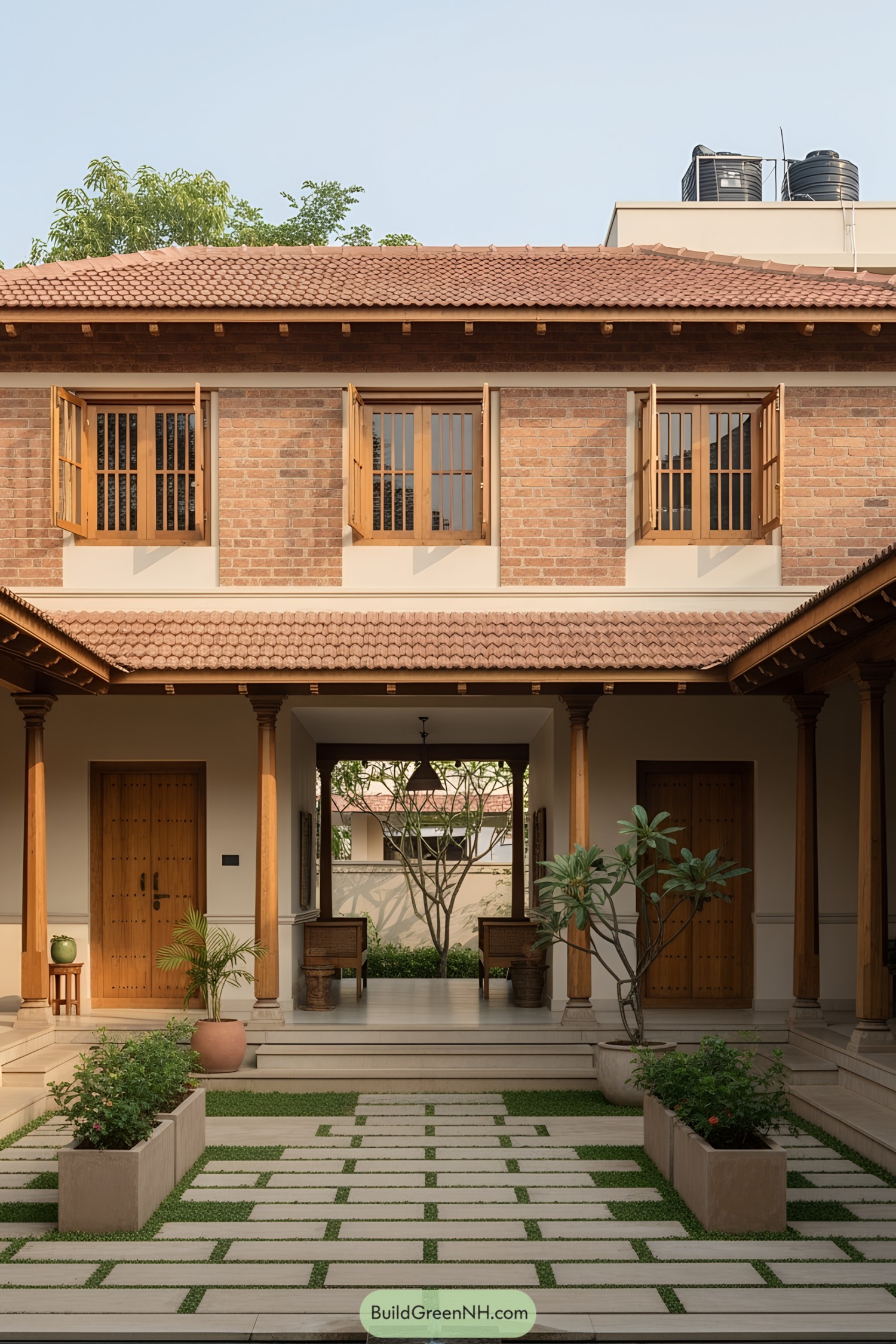 Courtyard with red brick building and lush plants