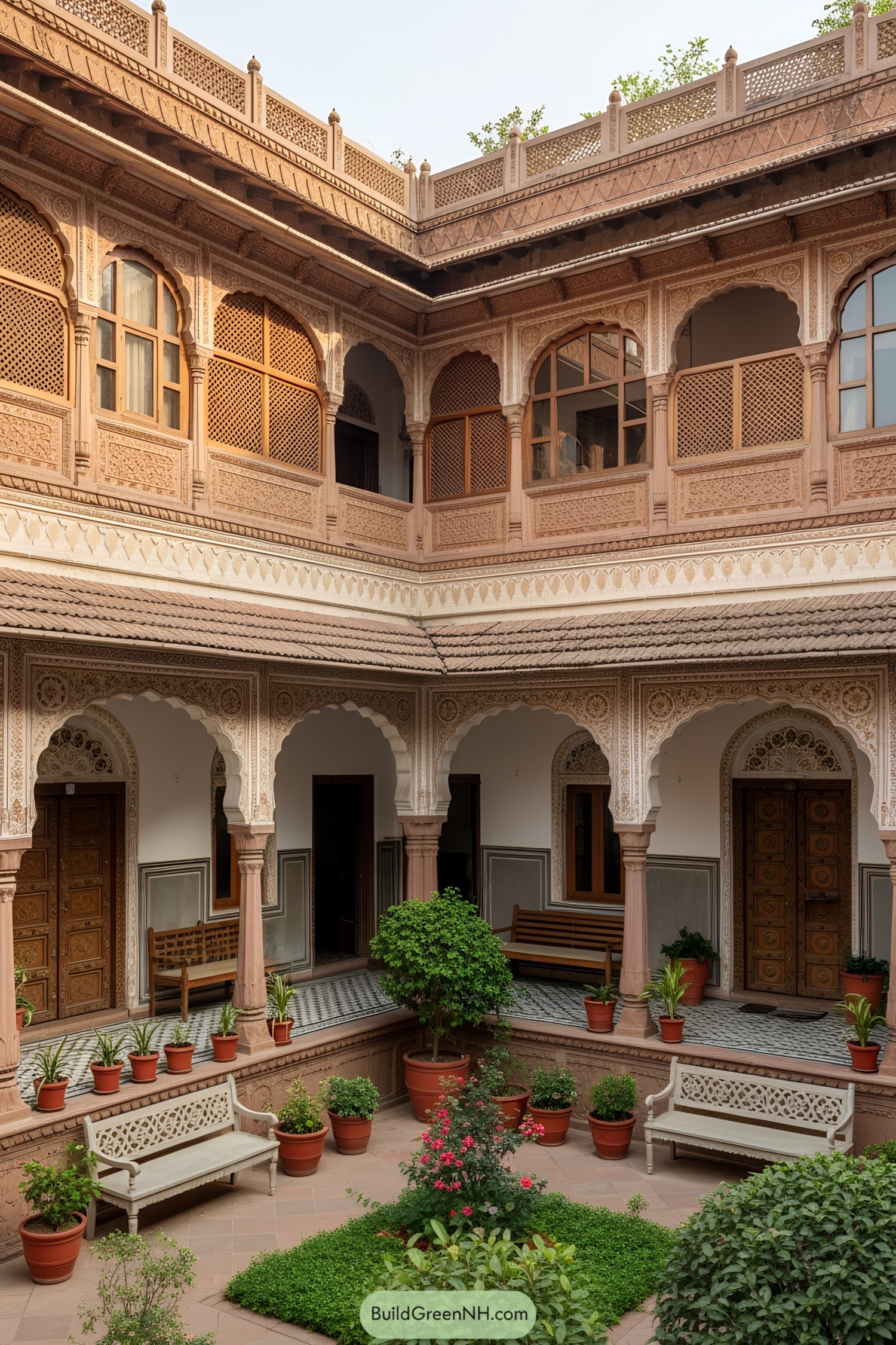 Charming traditional Indian courtyard with lush plants and intricate architecture