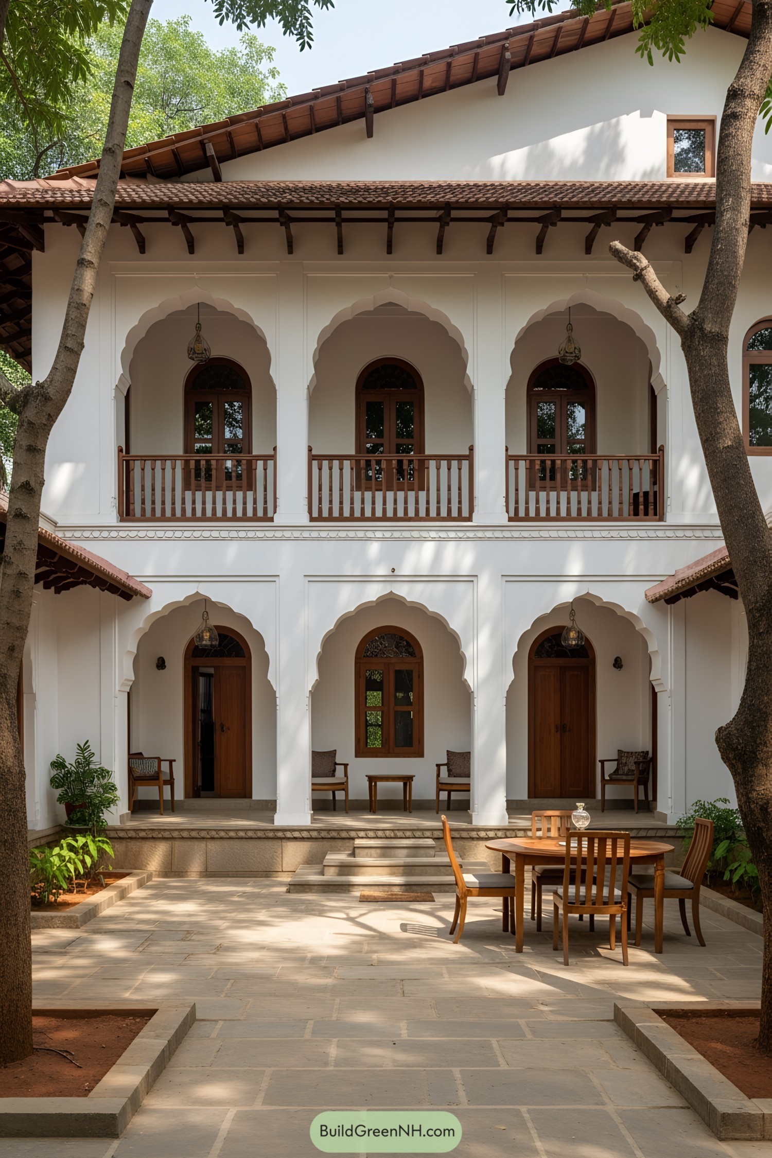 Traditional Indian courtyard house with arched verandas and serene seating area