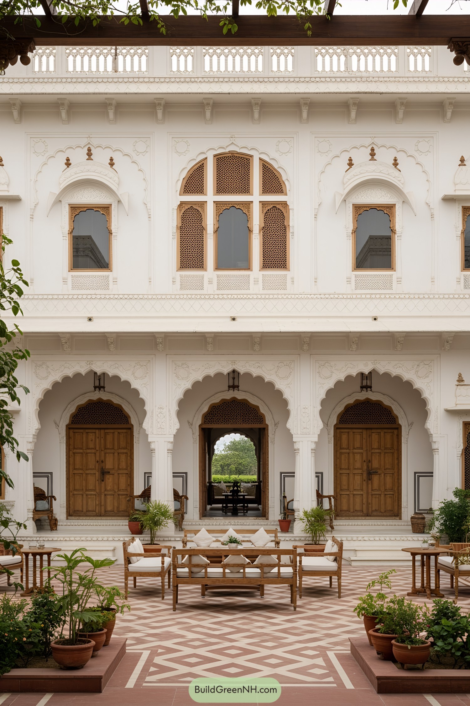 Traditional Indian courtyard with arches and potted plants