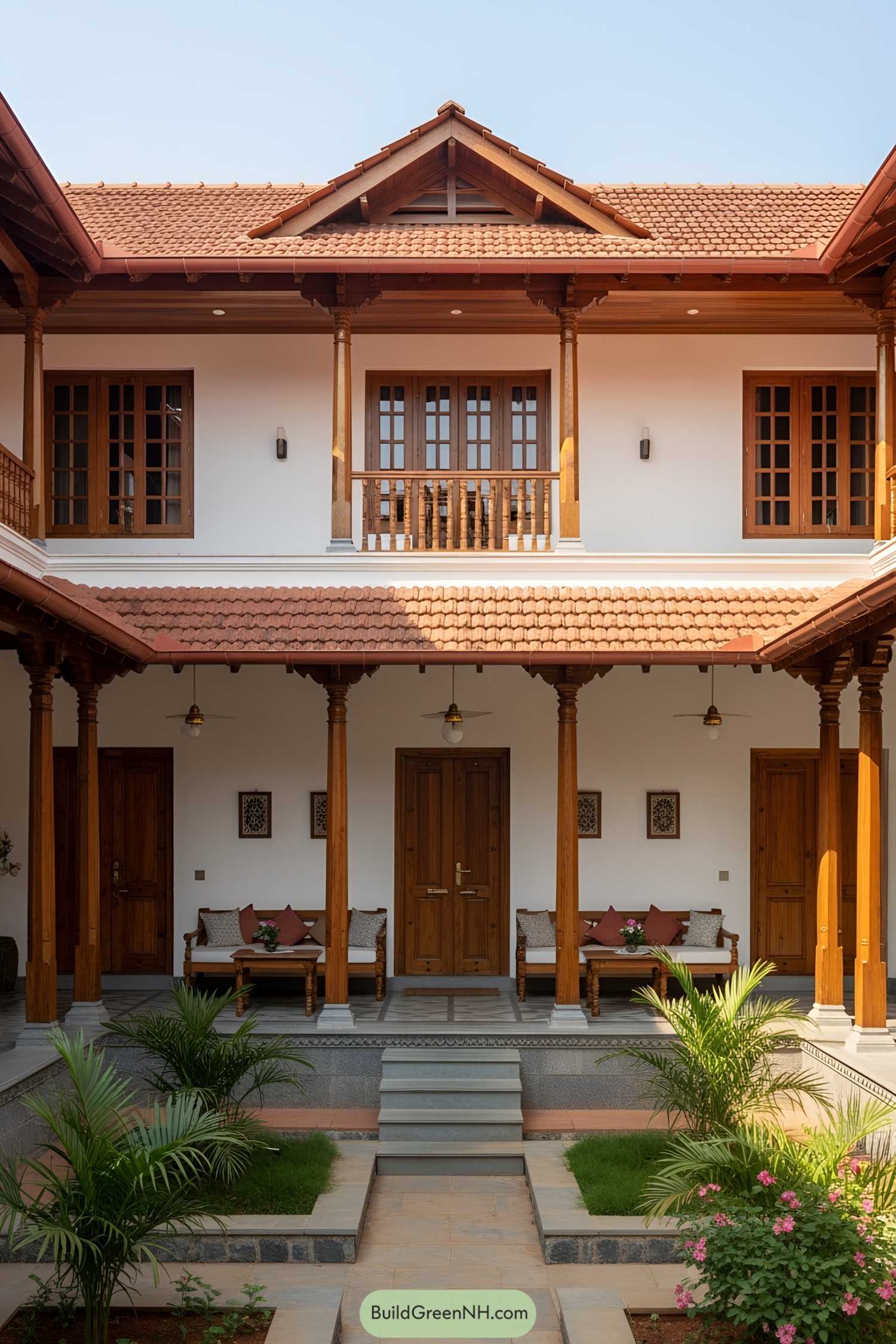 Traditional Indian courtyard with wooden columns and greenery
