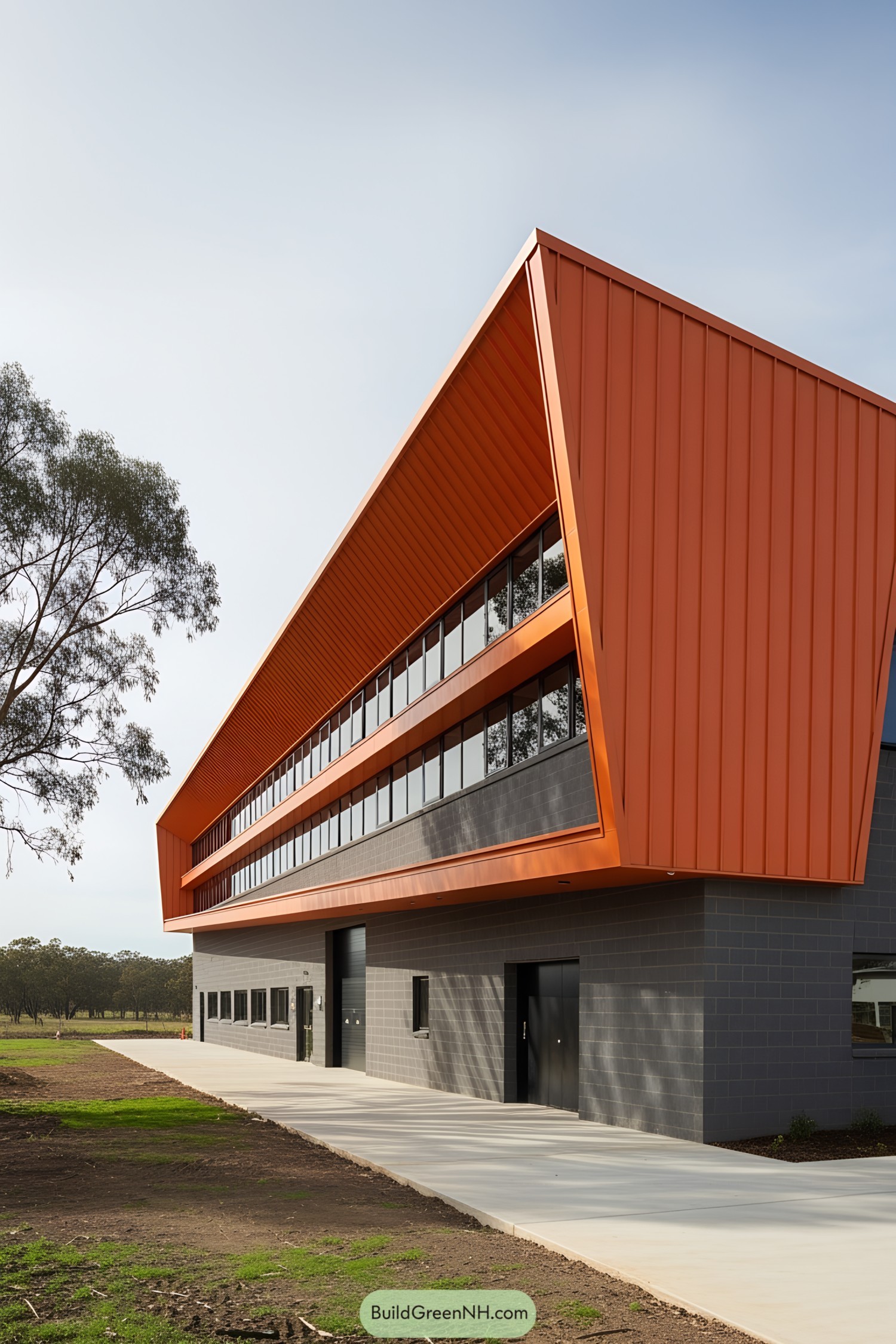Factory building with striking orange façade and big windows