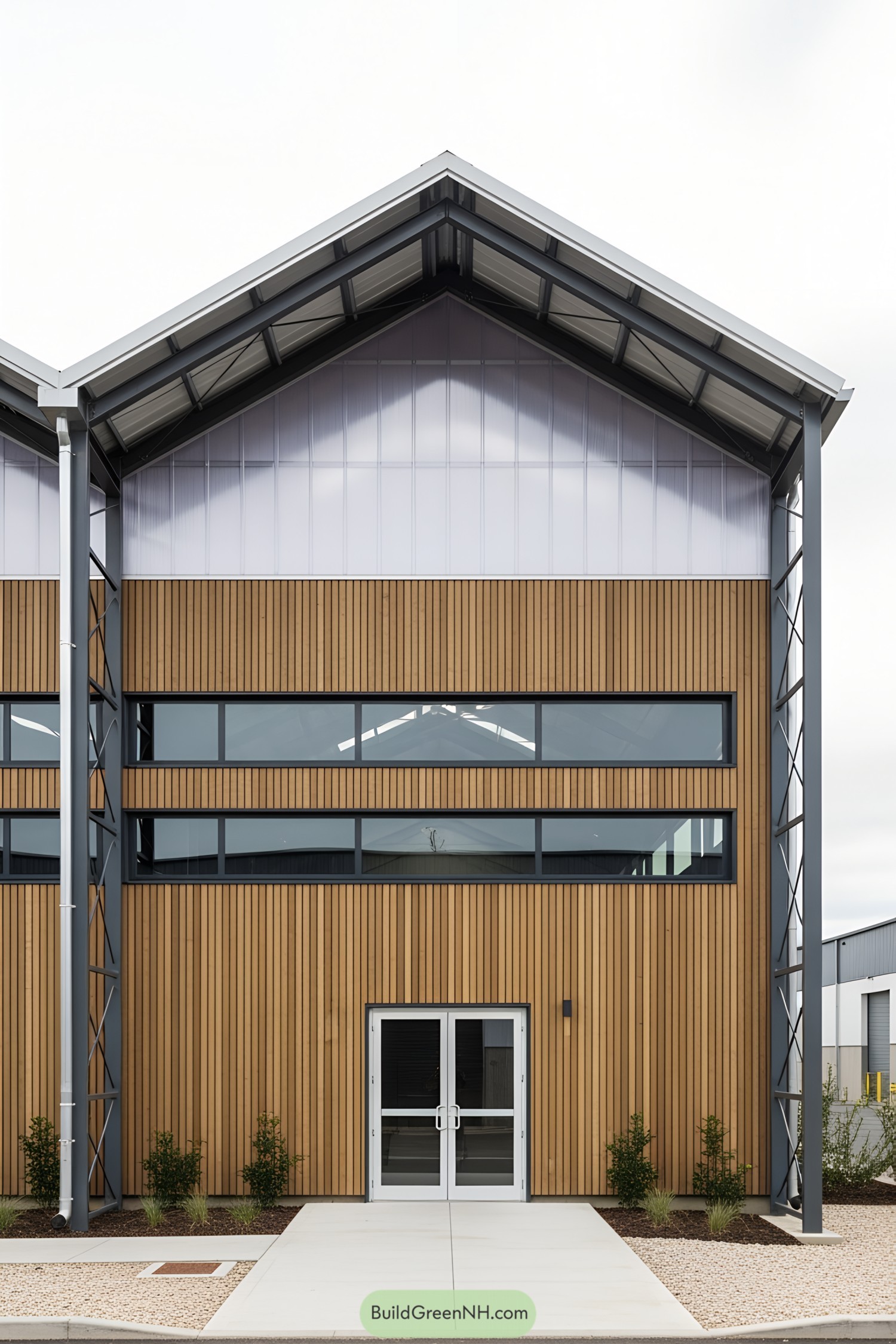 Industrial factory facade with wooden panels and large windows