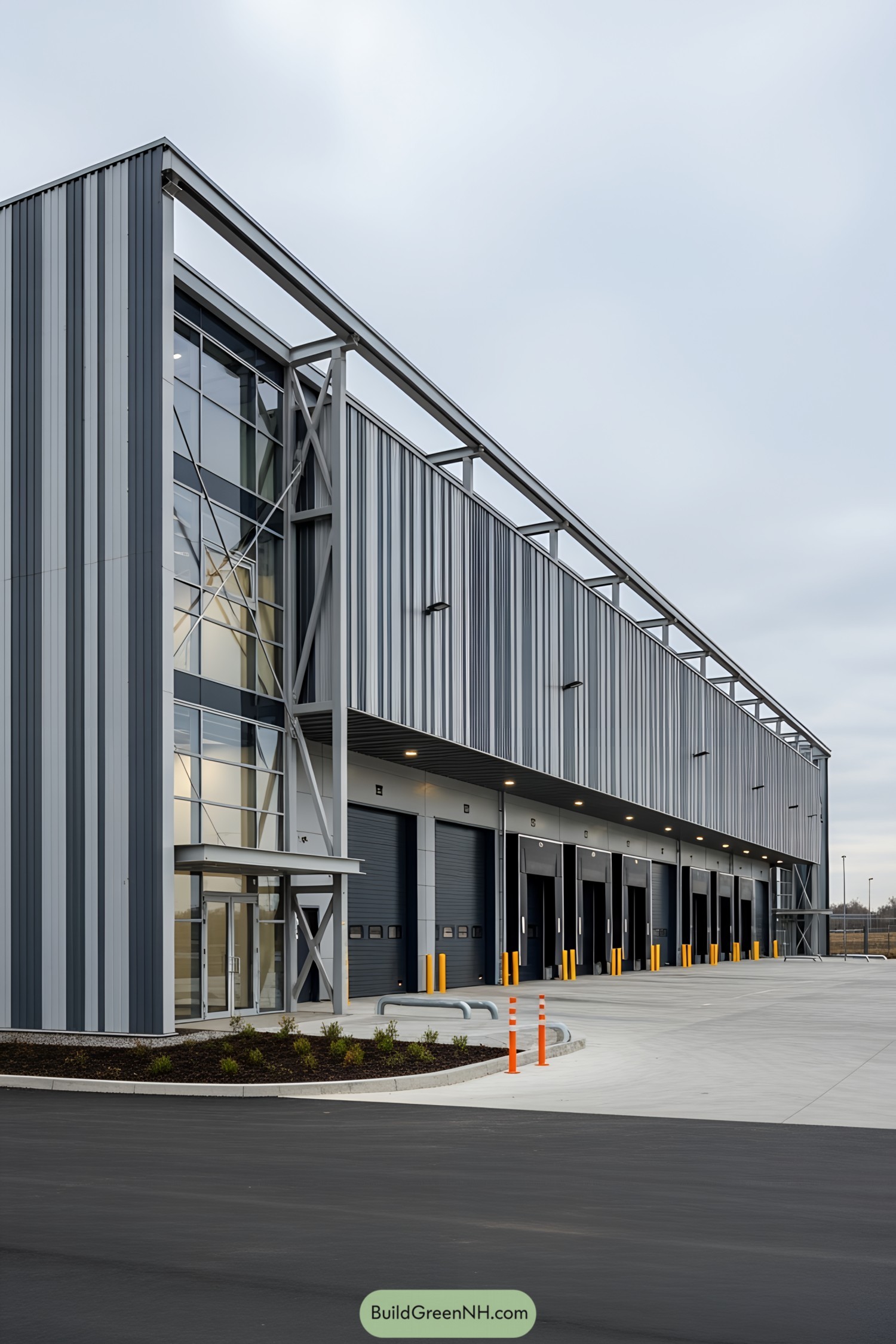 Modern industrial building with striped steel facade
