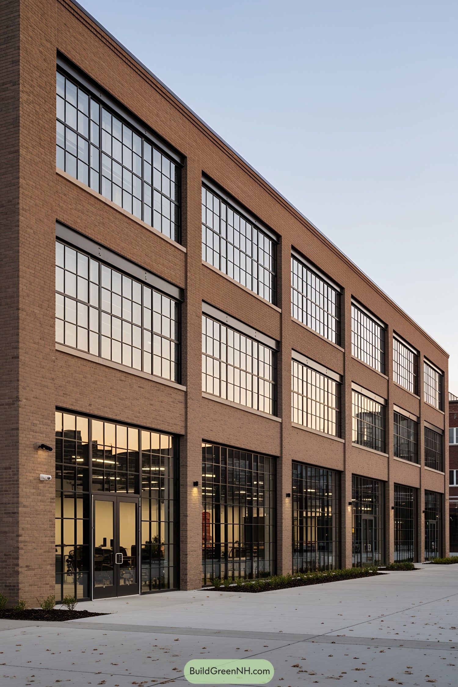 Large brick building with grid windows and modern facade
