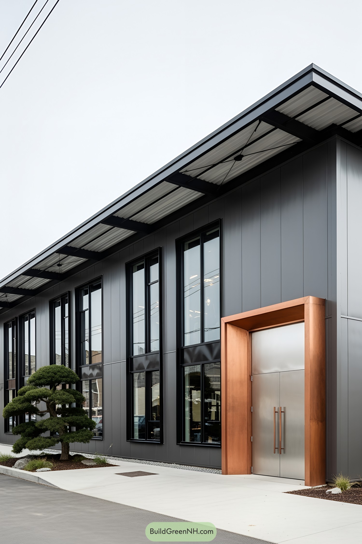 Modern industrial building with sleek facade and large windows