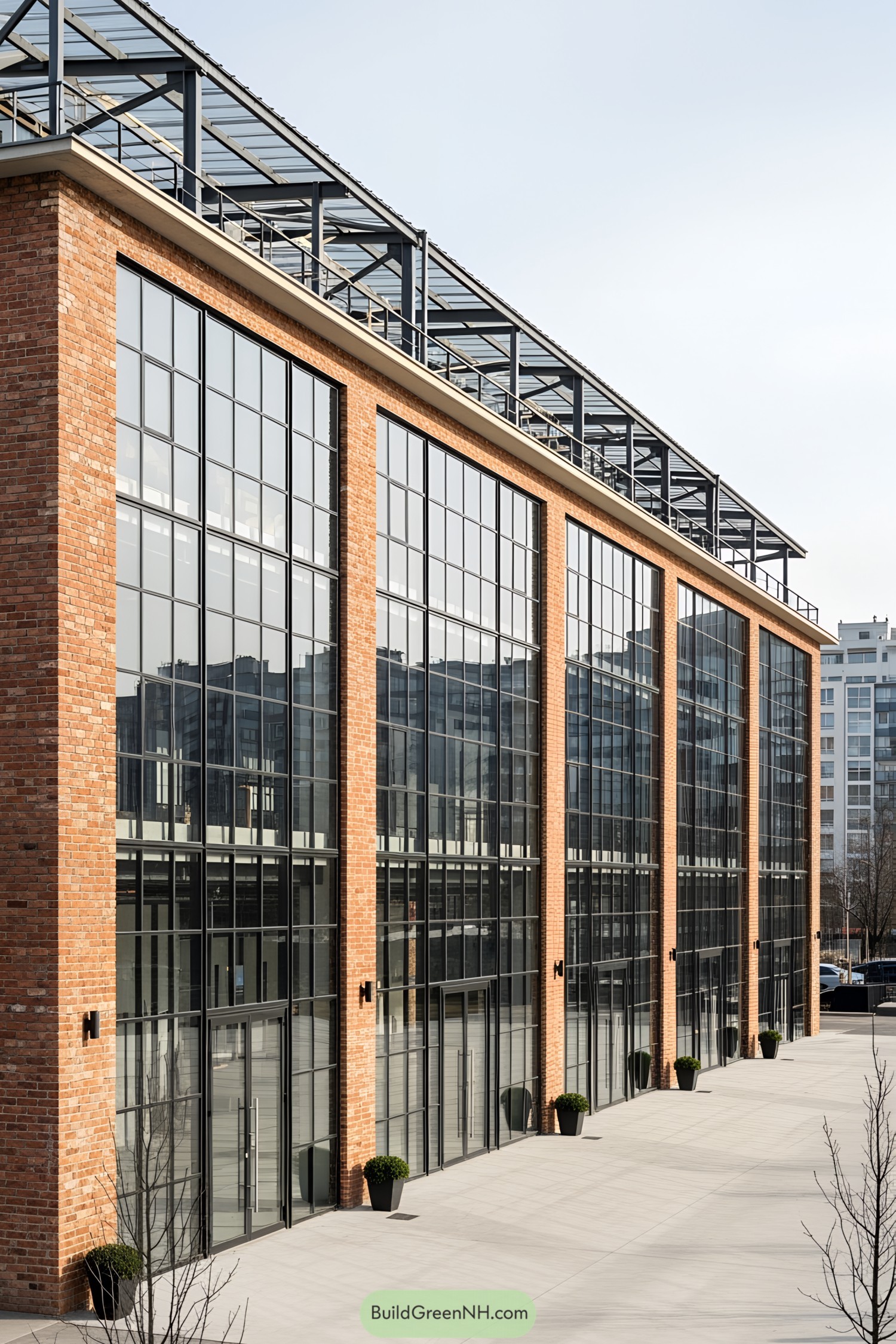 Modern industrial building with large glass windows and brick walls