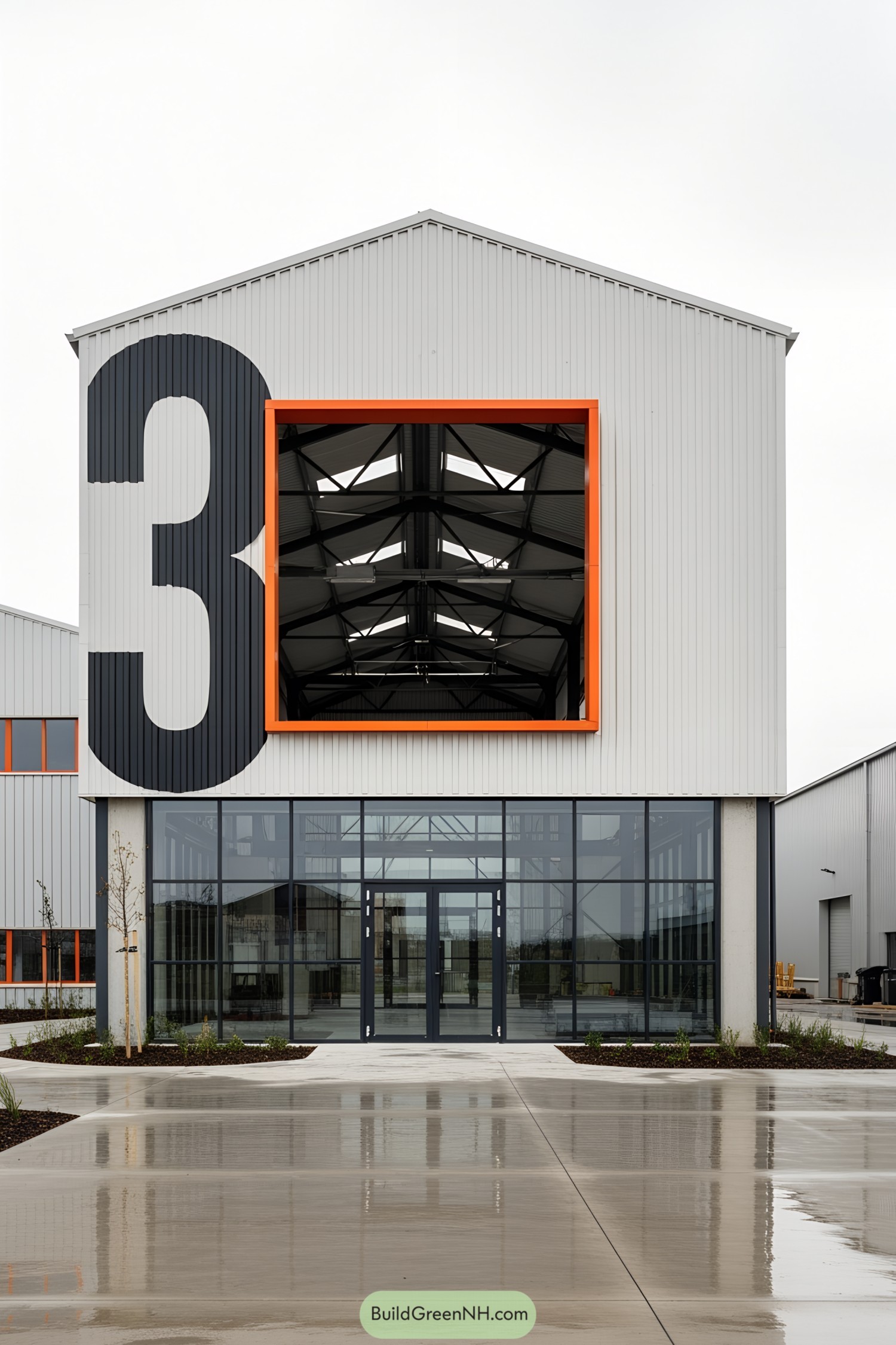 Facade of a modern industrial building with large number 3 and orange accents