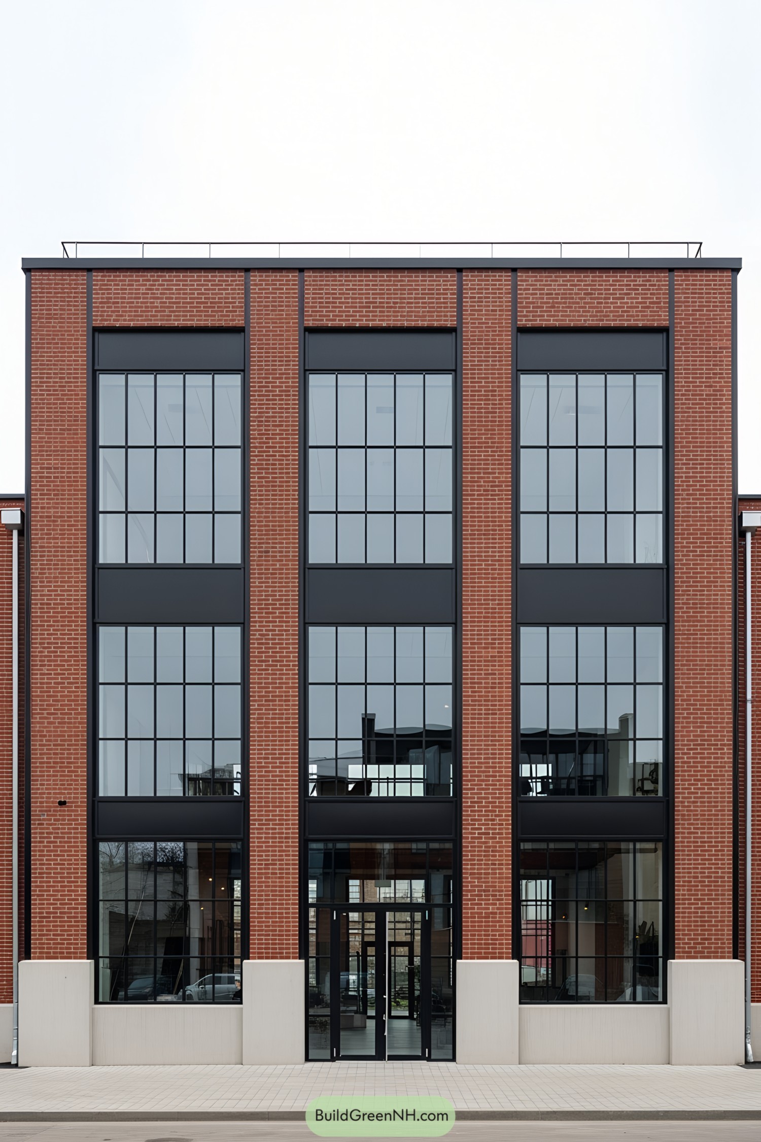 Modern industrial building with a red brick facade and large windows