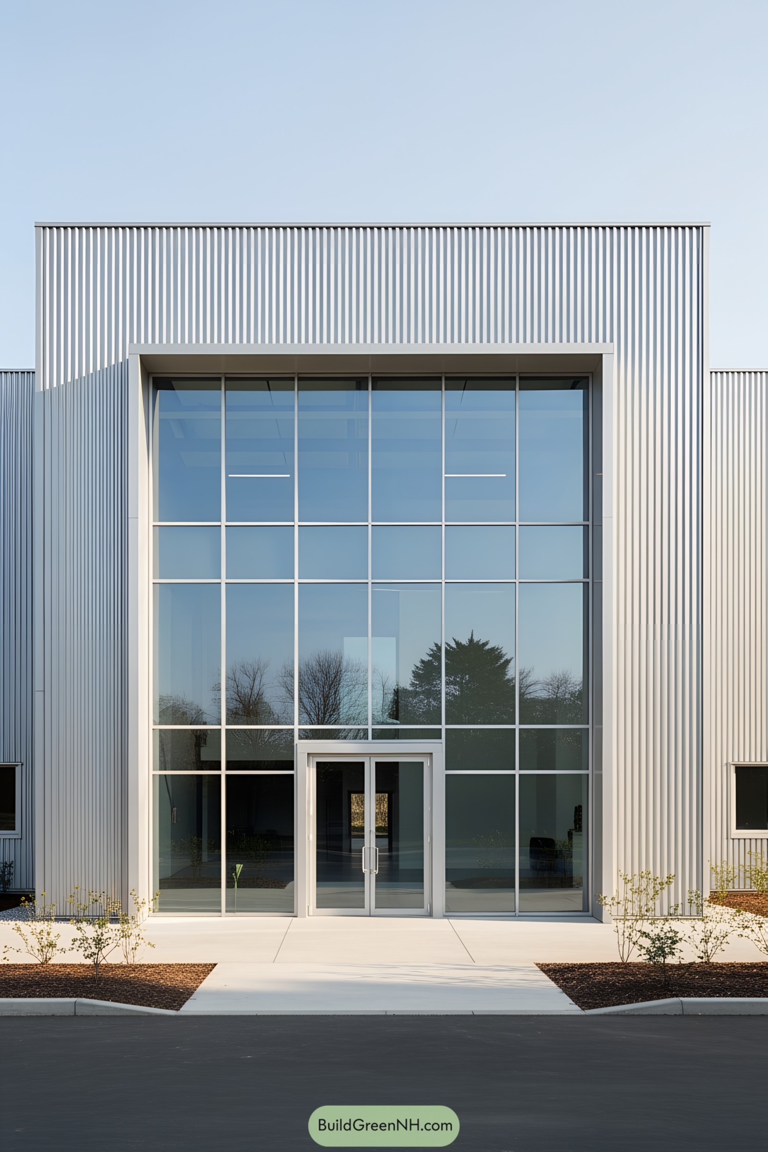 Modern industrial building with large glass facade and metal elements