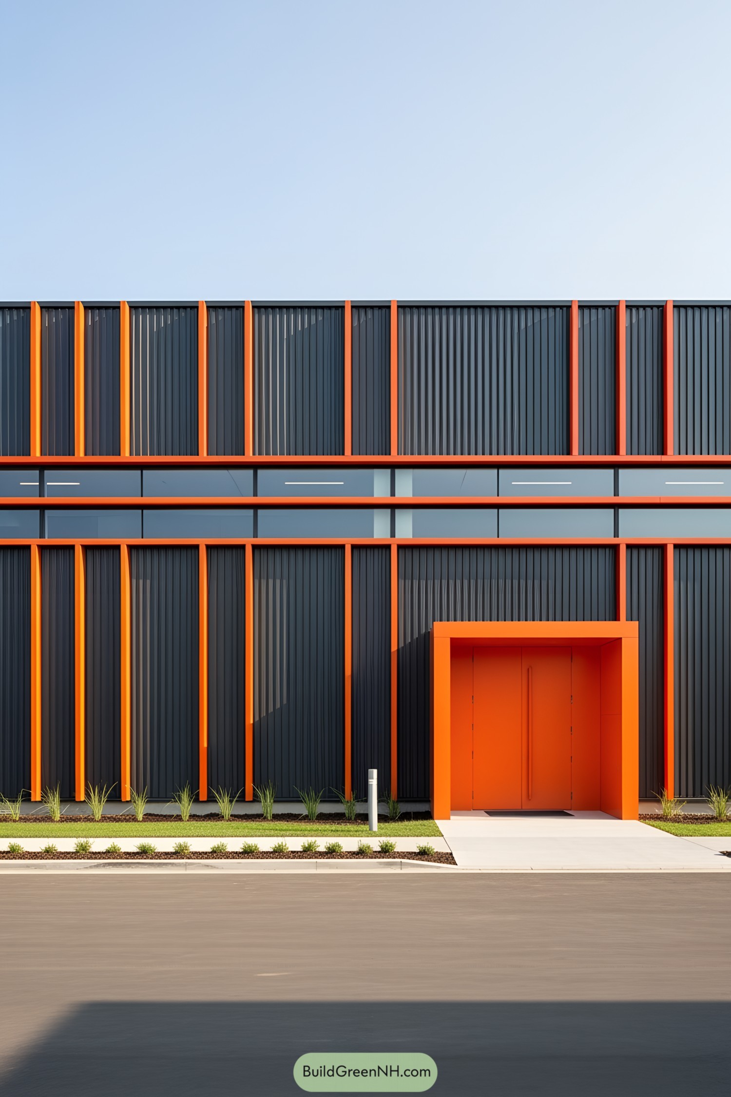 Orange and black industrial building facade with modern design