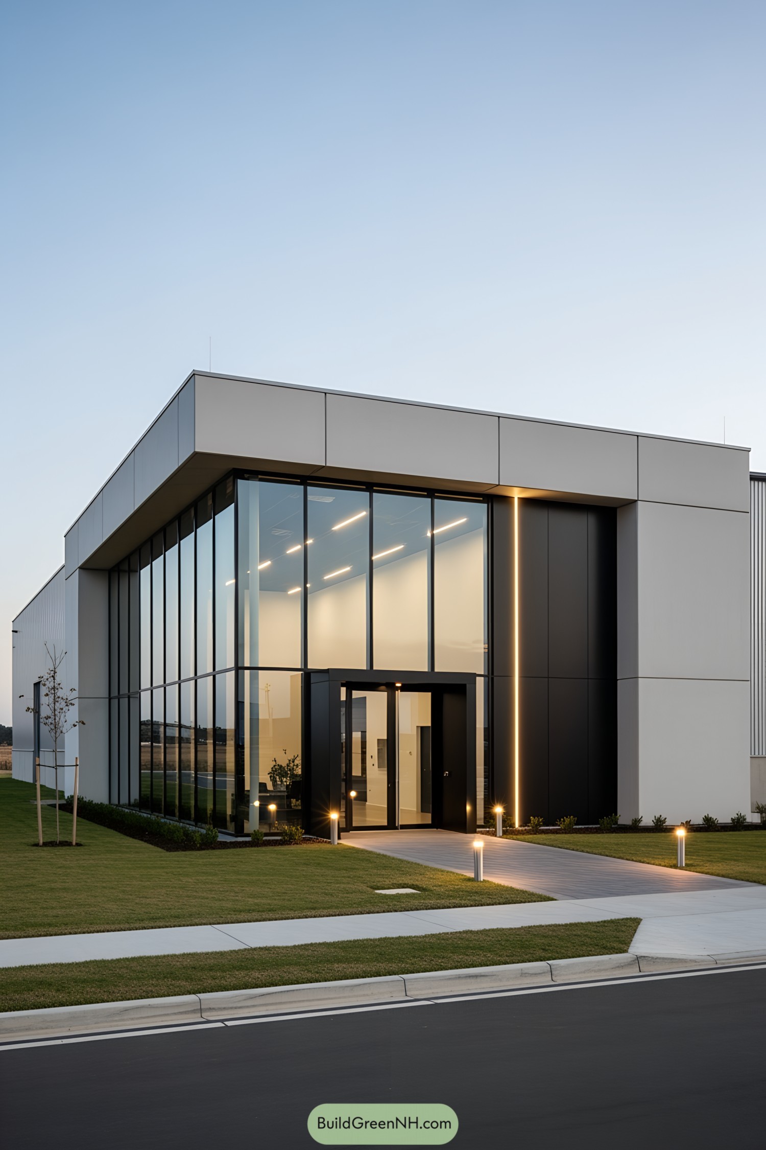 Industrial building with sleek glass facade and neat lawn