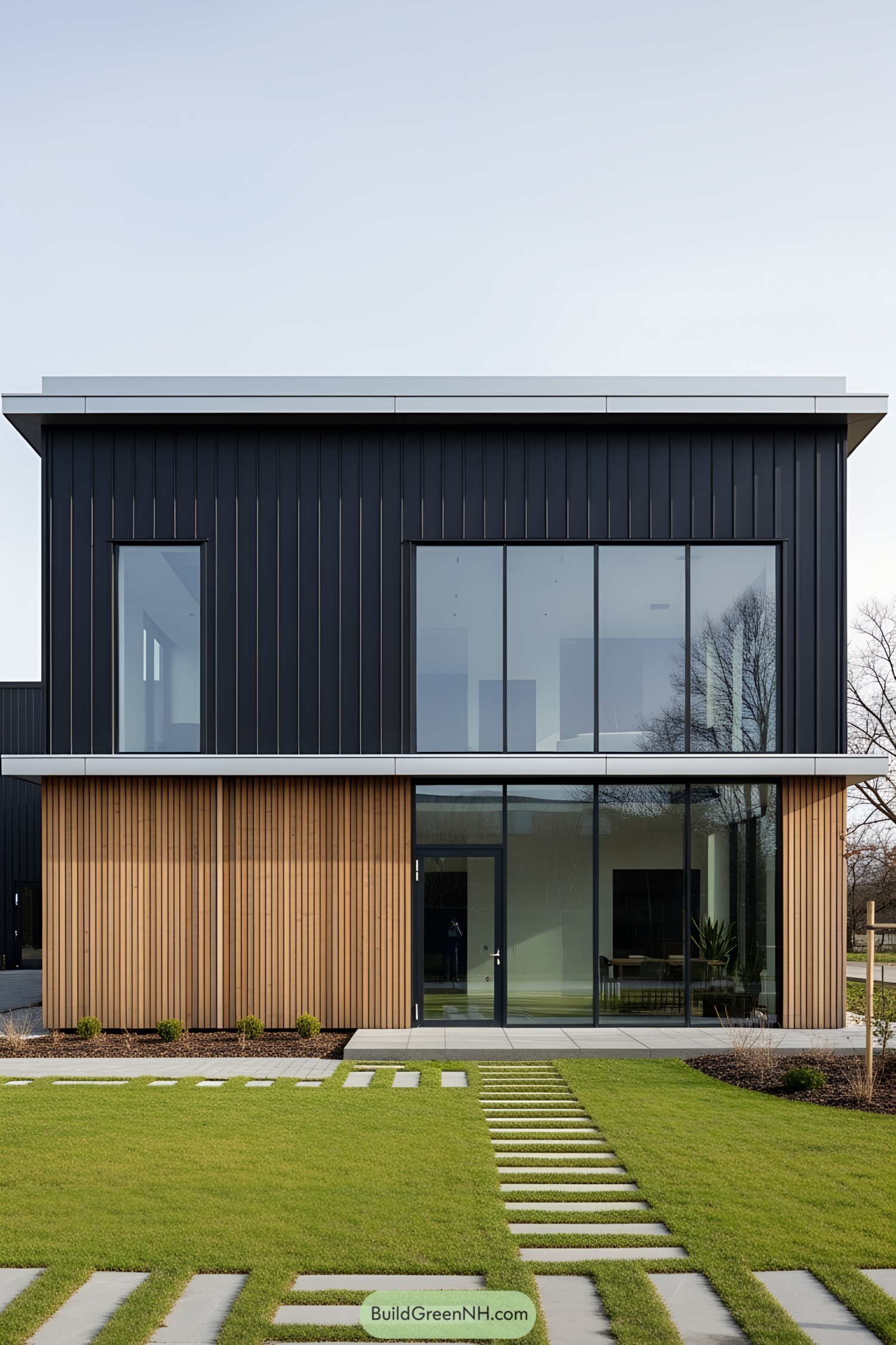 Modern industrial facade with sleek black and wooden panels