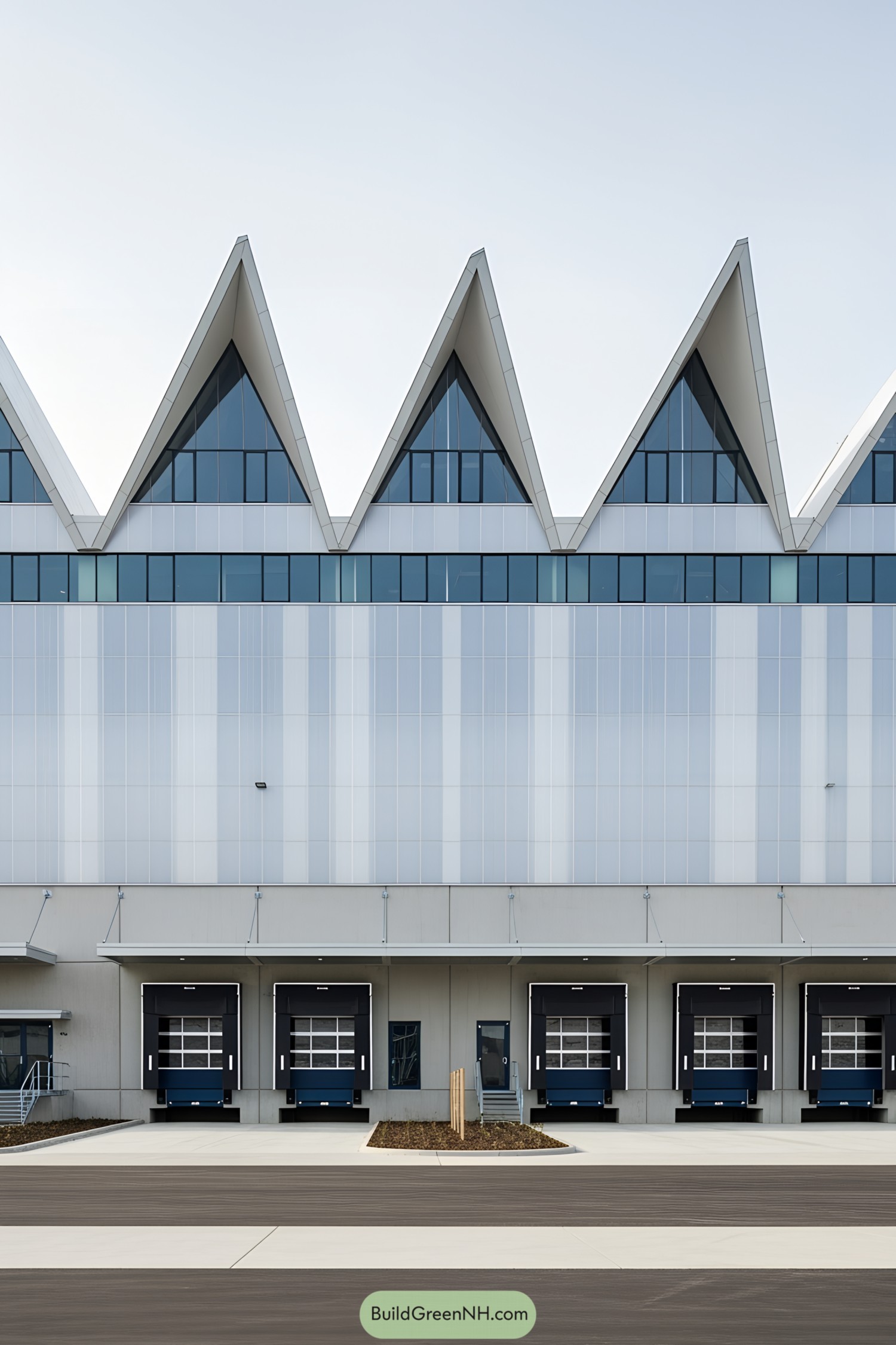 Modern industrial building with triangular roof peaks and loading bays