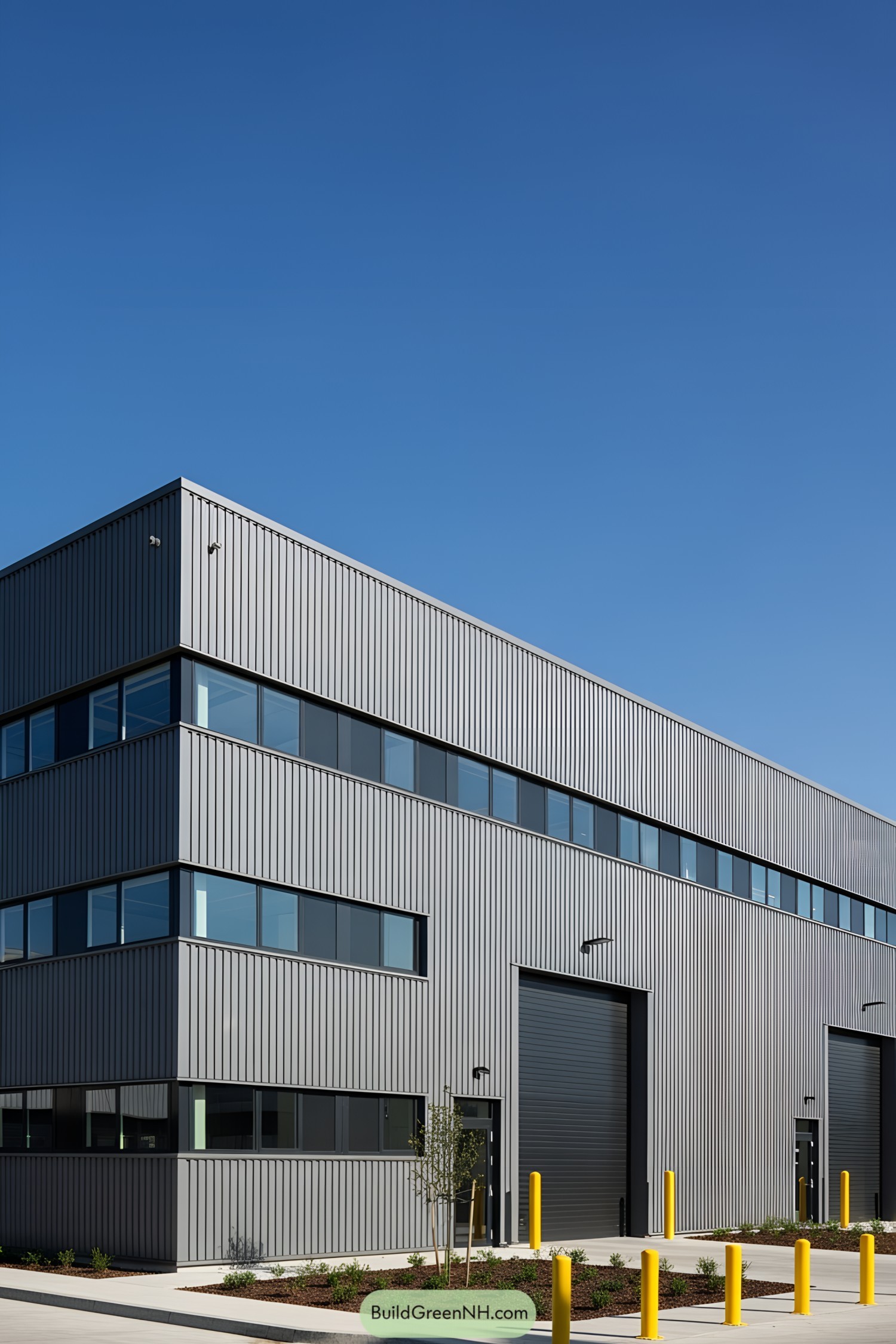 Modern industrial factory with sleek design elements and a clean, minimalistic facade