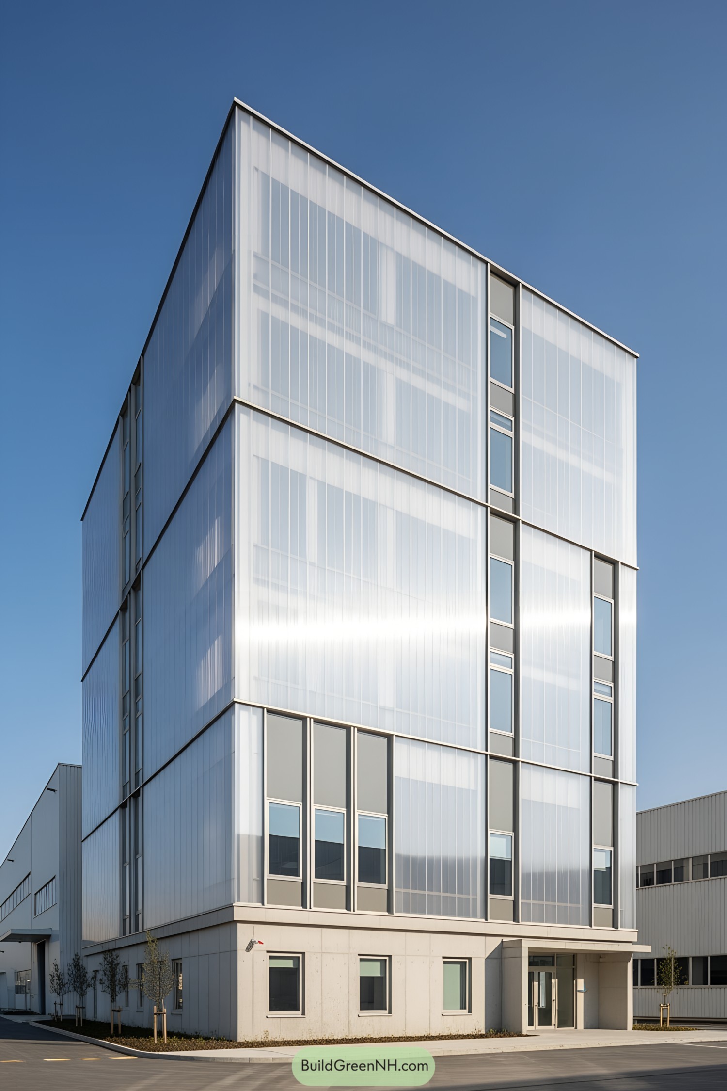 Modern industrial building with sleek, translucent facade