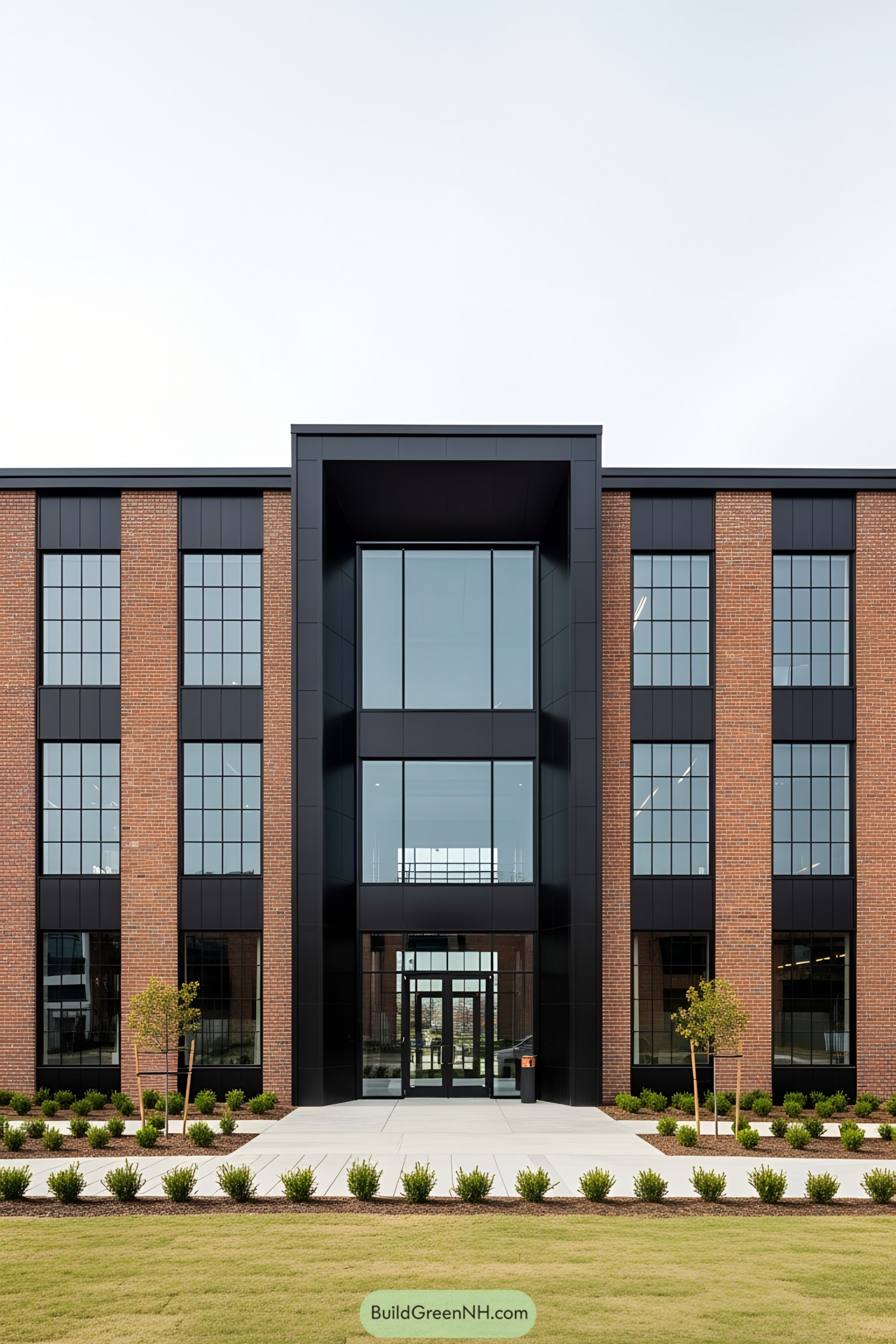 Modern industrial building facade with glass, brick, and steel elements