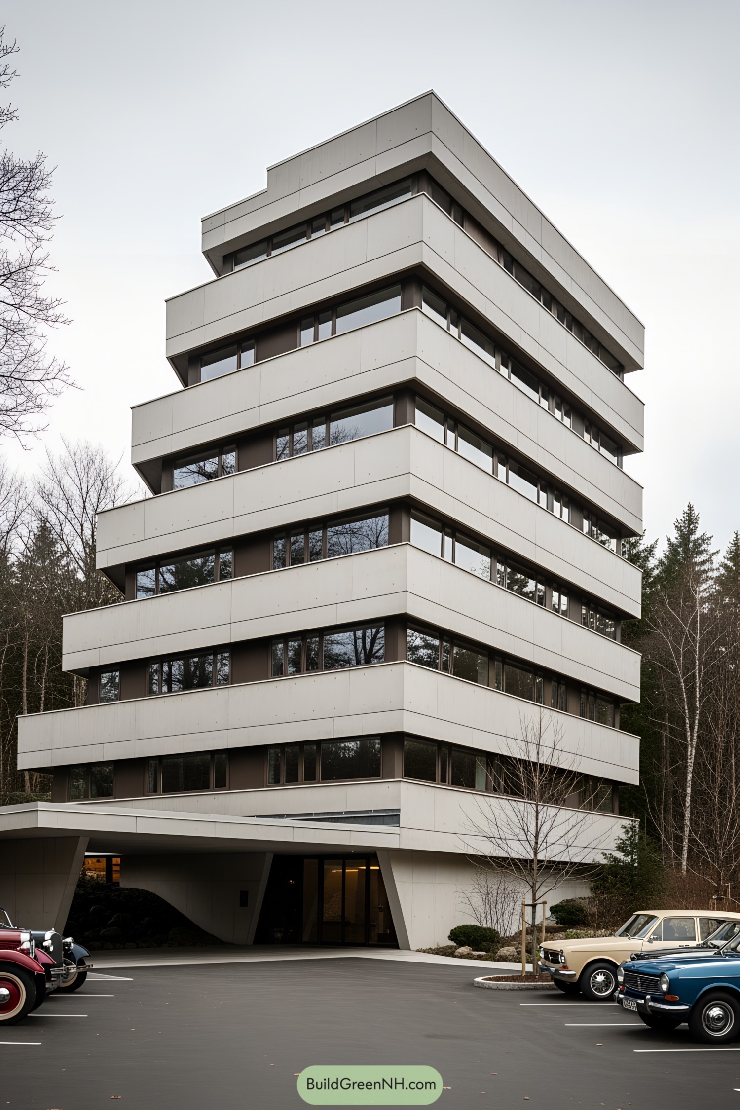 A modern, multi-layered building with parked vintage cars