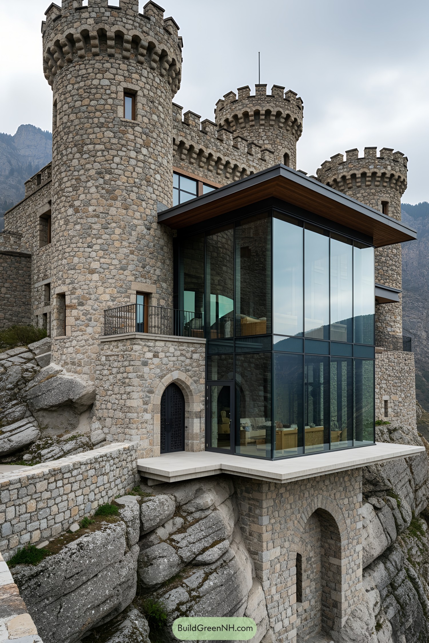 A stone castle with a contemporary glass extension perched on a cliff