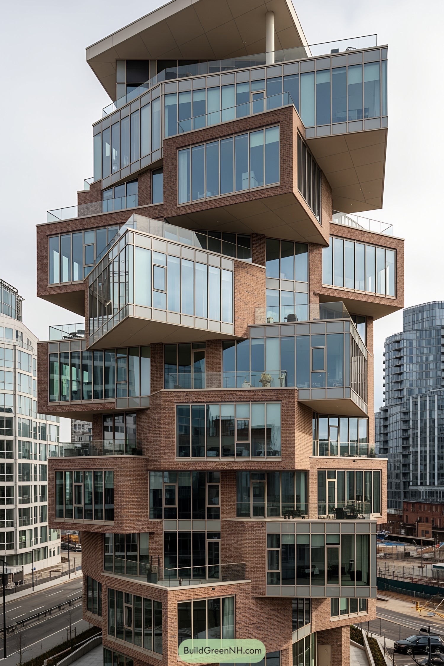 Unique stacked building with glass and brick design