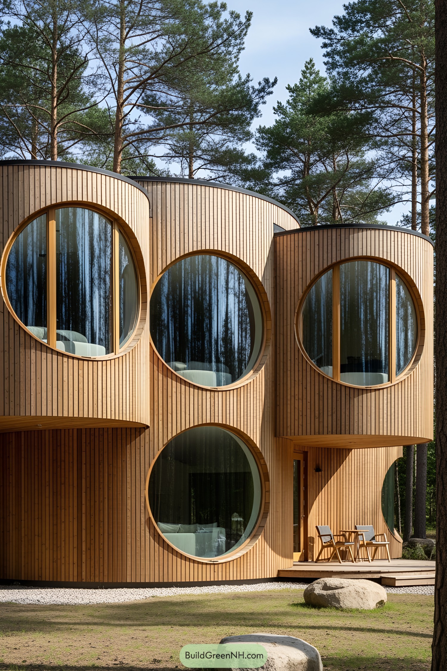 House with circular wooden architecture and large round windows