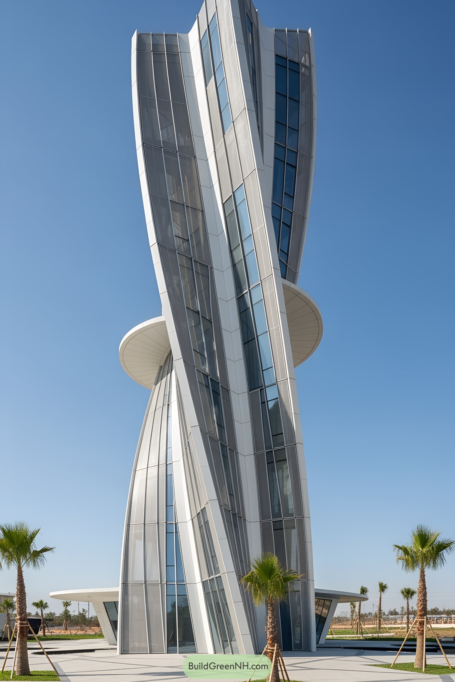 Futuristic twisting skyscraper against clear blue sky
