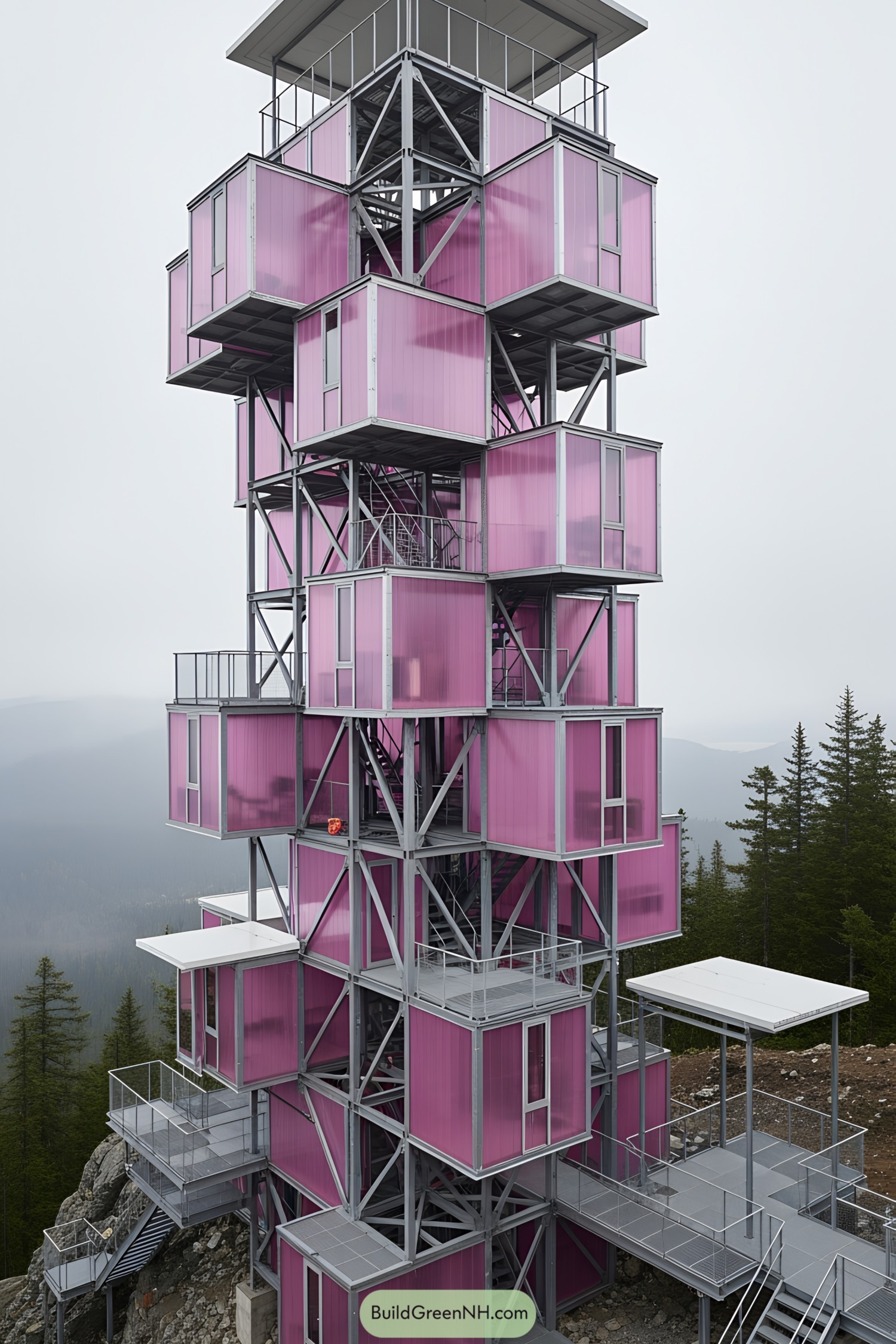 Pink and steel tower with stacked cube design