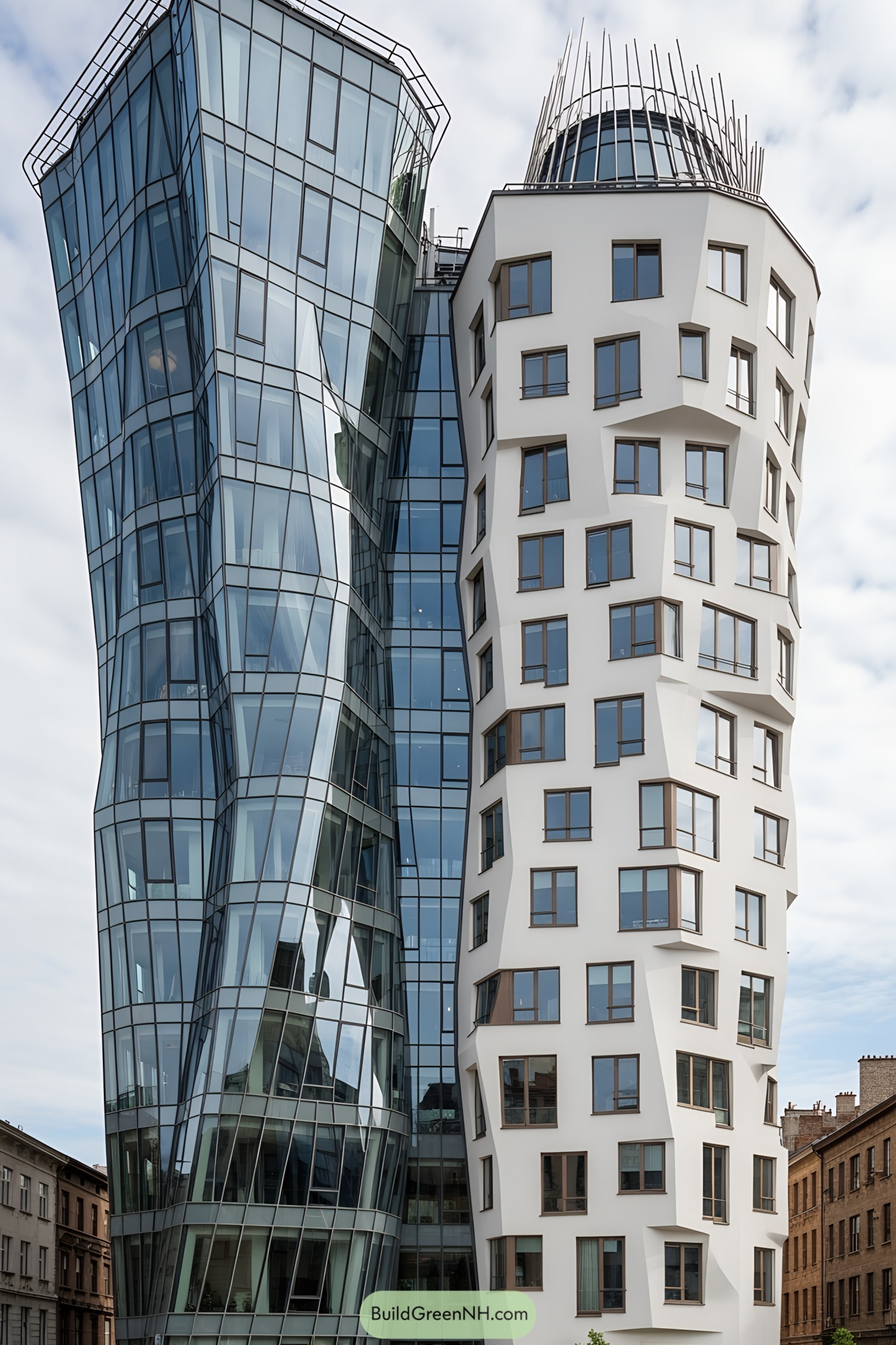 Unique tower duo with slanted designs and creative windows