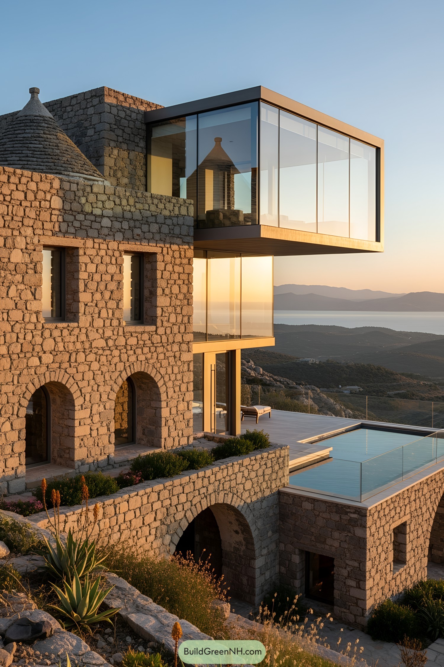 Modern glass structure cantilevered over rustic stone house