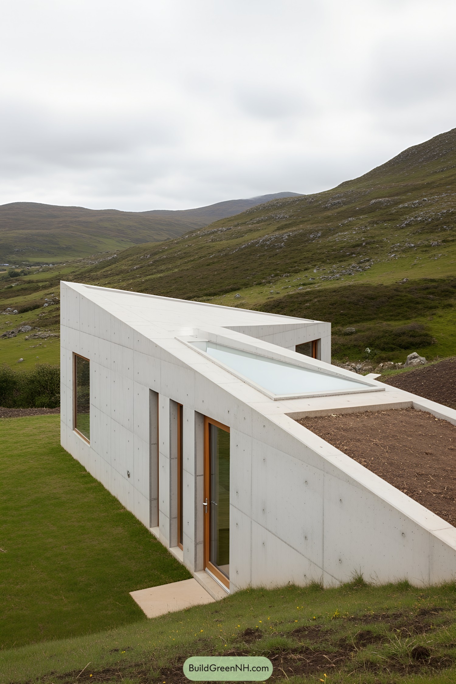 Angular concrete house nestled in green hills