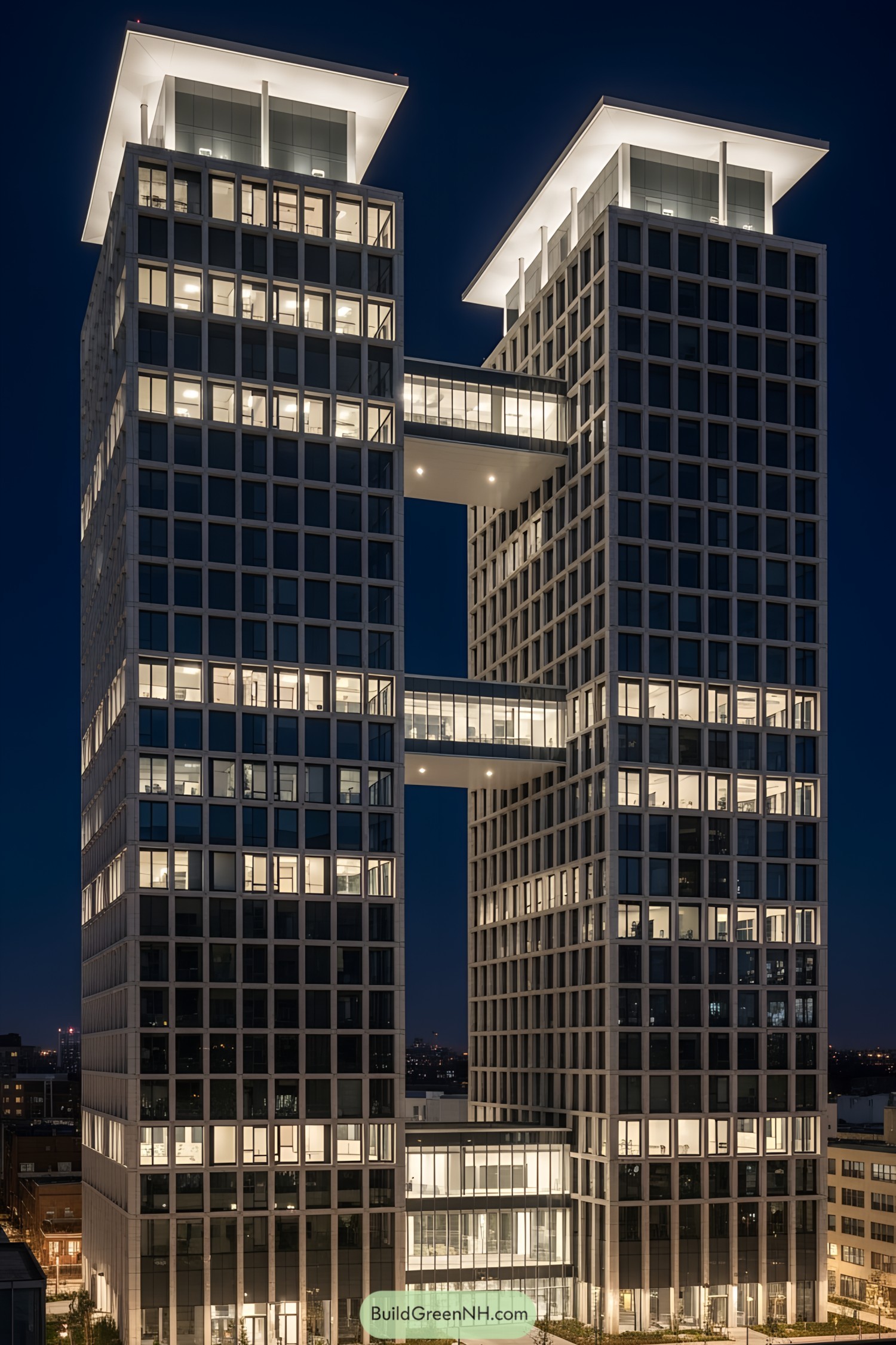 Two modern skyscrapers connected by illuminated skybridges at night